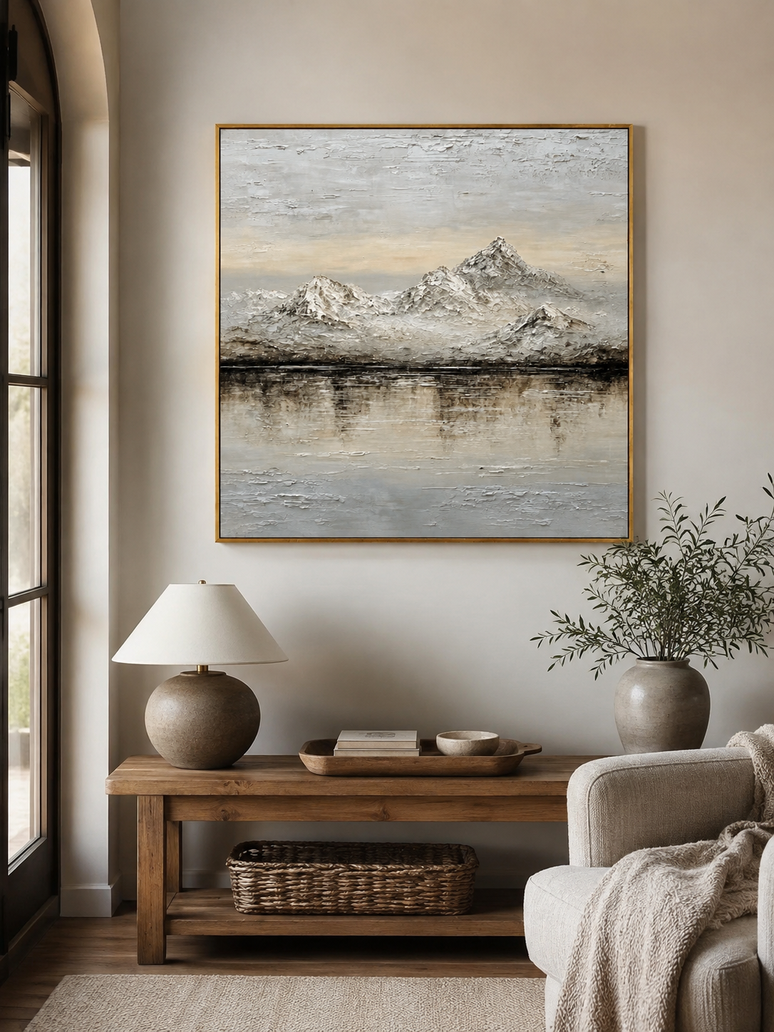Neutral mountain wall art above an entryway console in a quiet organic modern foyer
