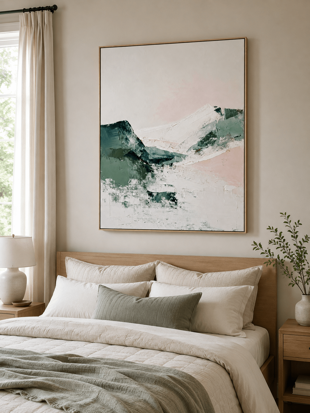 Minimalist textured mountain wall art displayed above a bed in a calm neutral bedroom