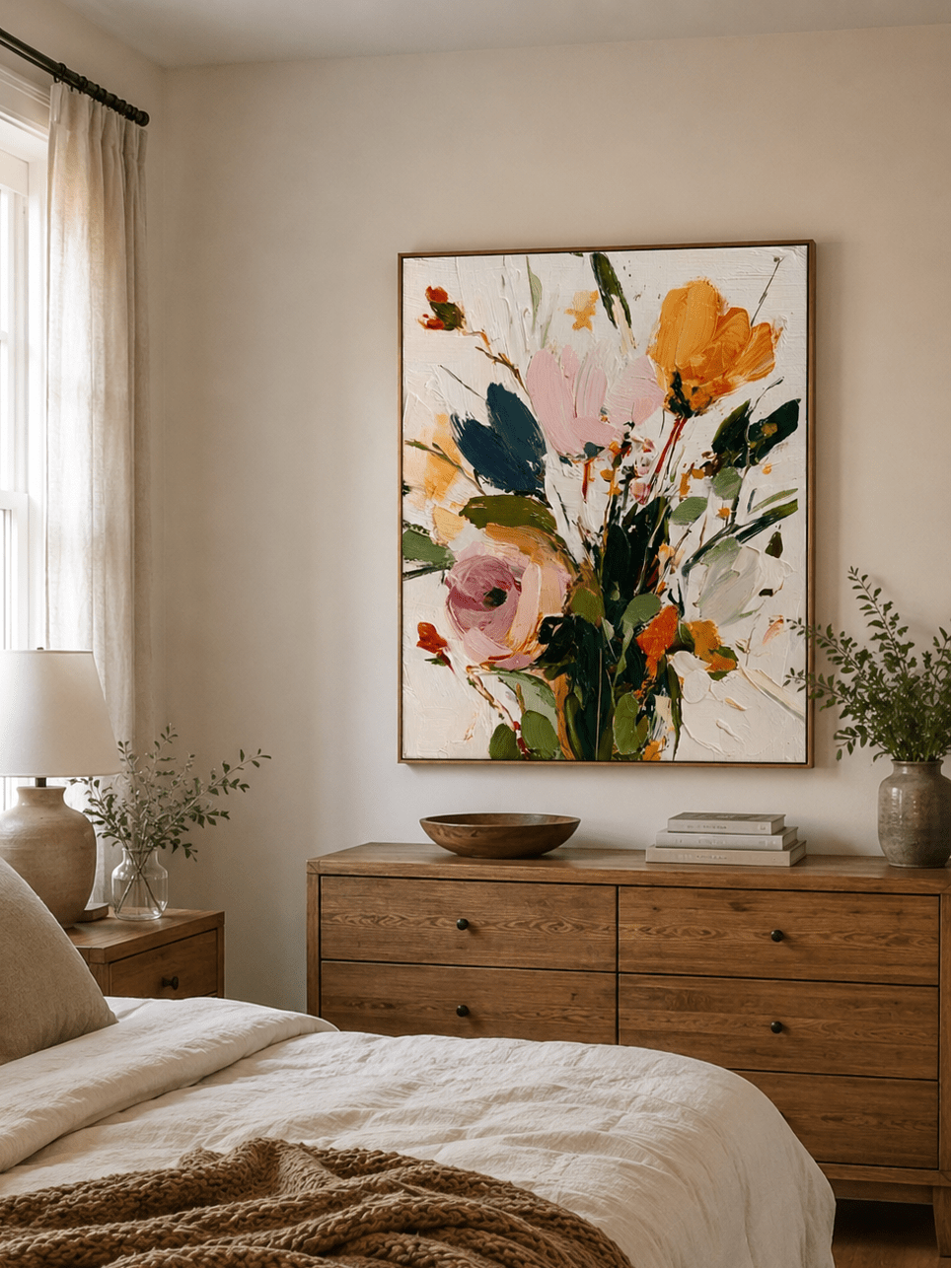 Pink and orange abstract floral wall art displayed above a bed in a soft modern bedroom