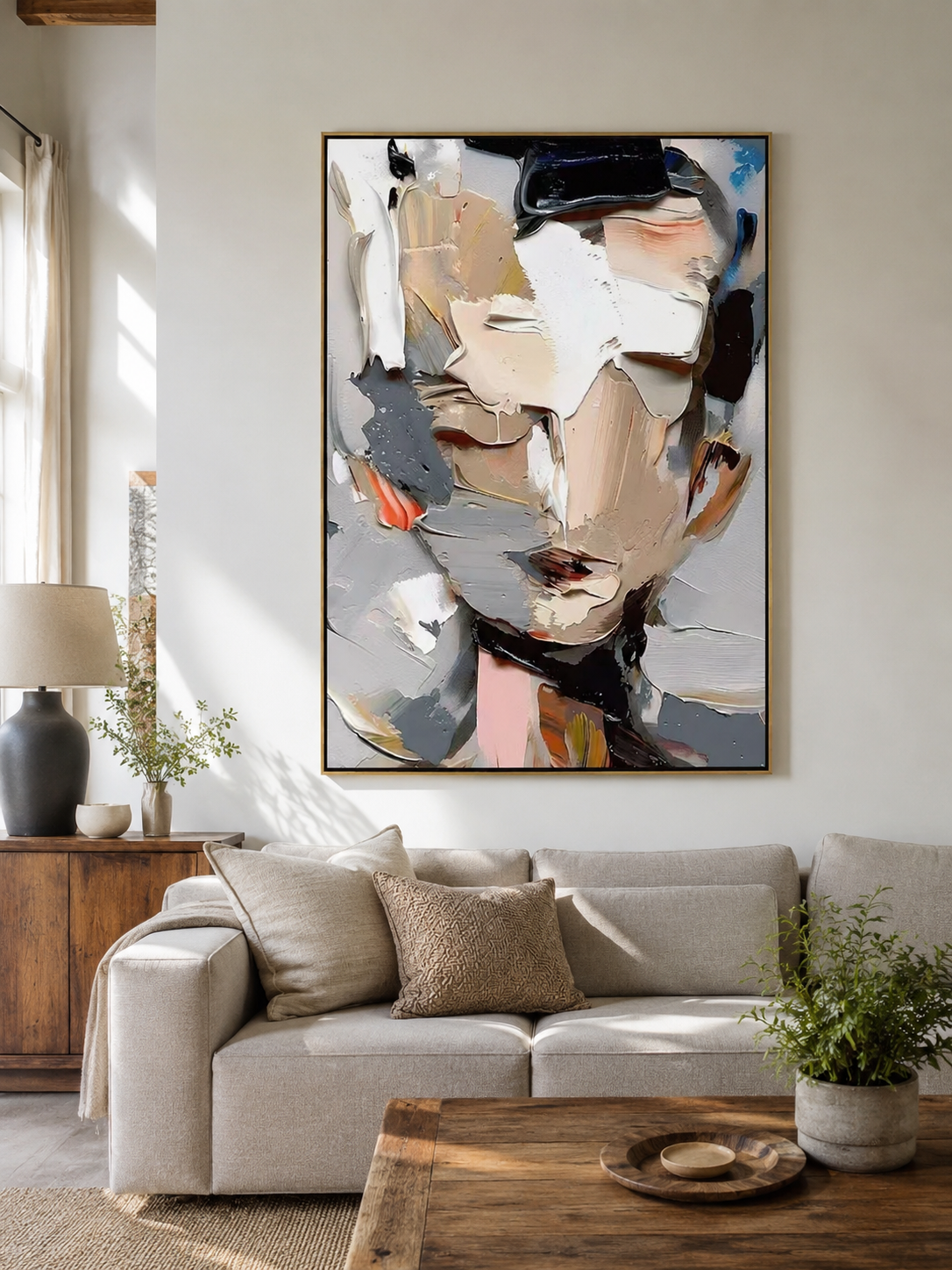 Neutral abstract face painting above a cream sofa in a contemporary living room