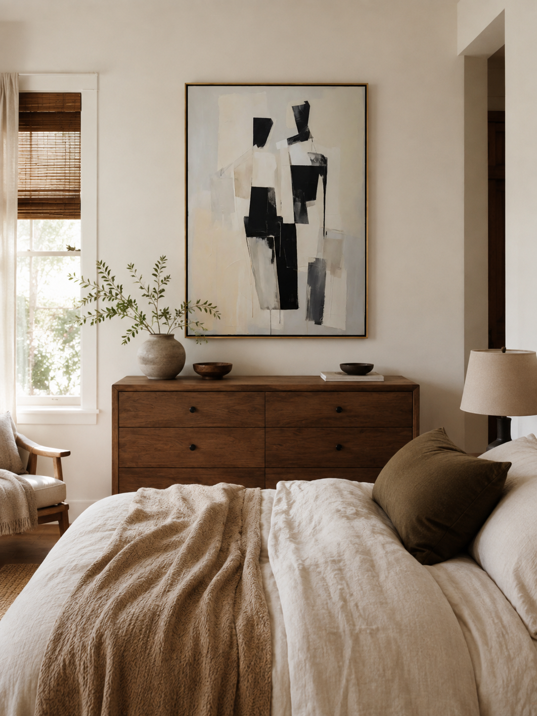 Neutral geometric wall art displayed above a bed in a calm contemporary bedroom