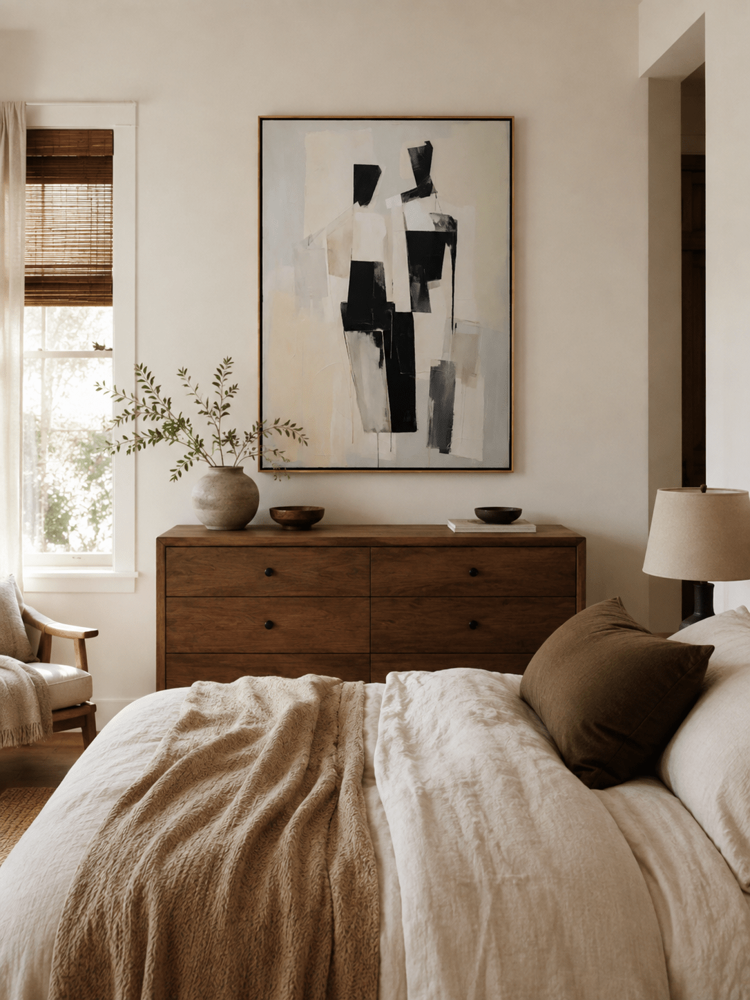 Neutral geometric wall art displayed above a bed in a calm contemporary bedroom