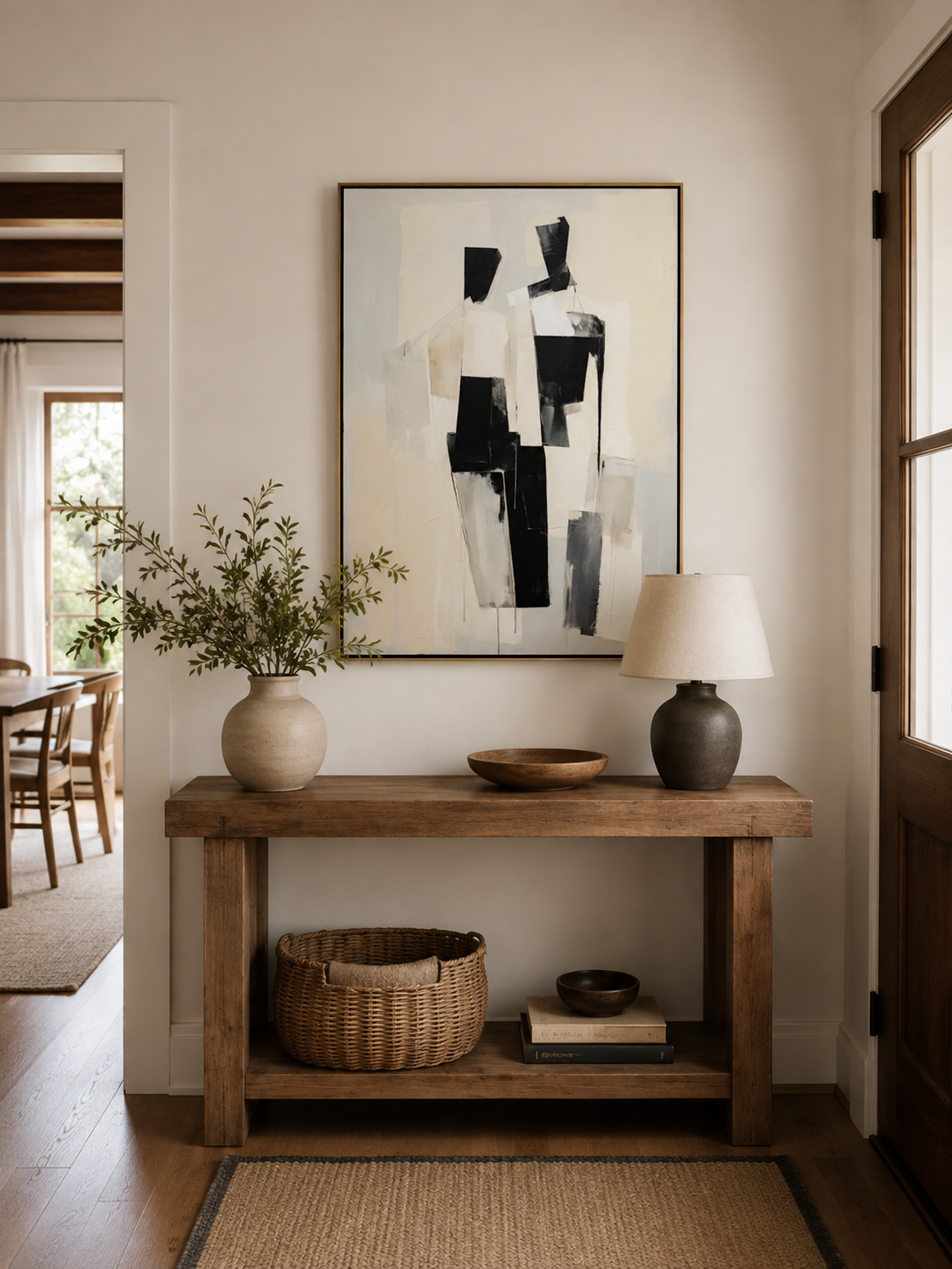 Black and ivory geometric wall art above an entryway console in a contemporary neutral foyer