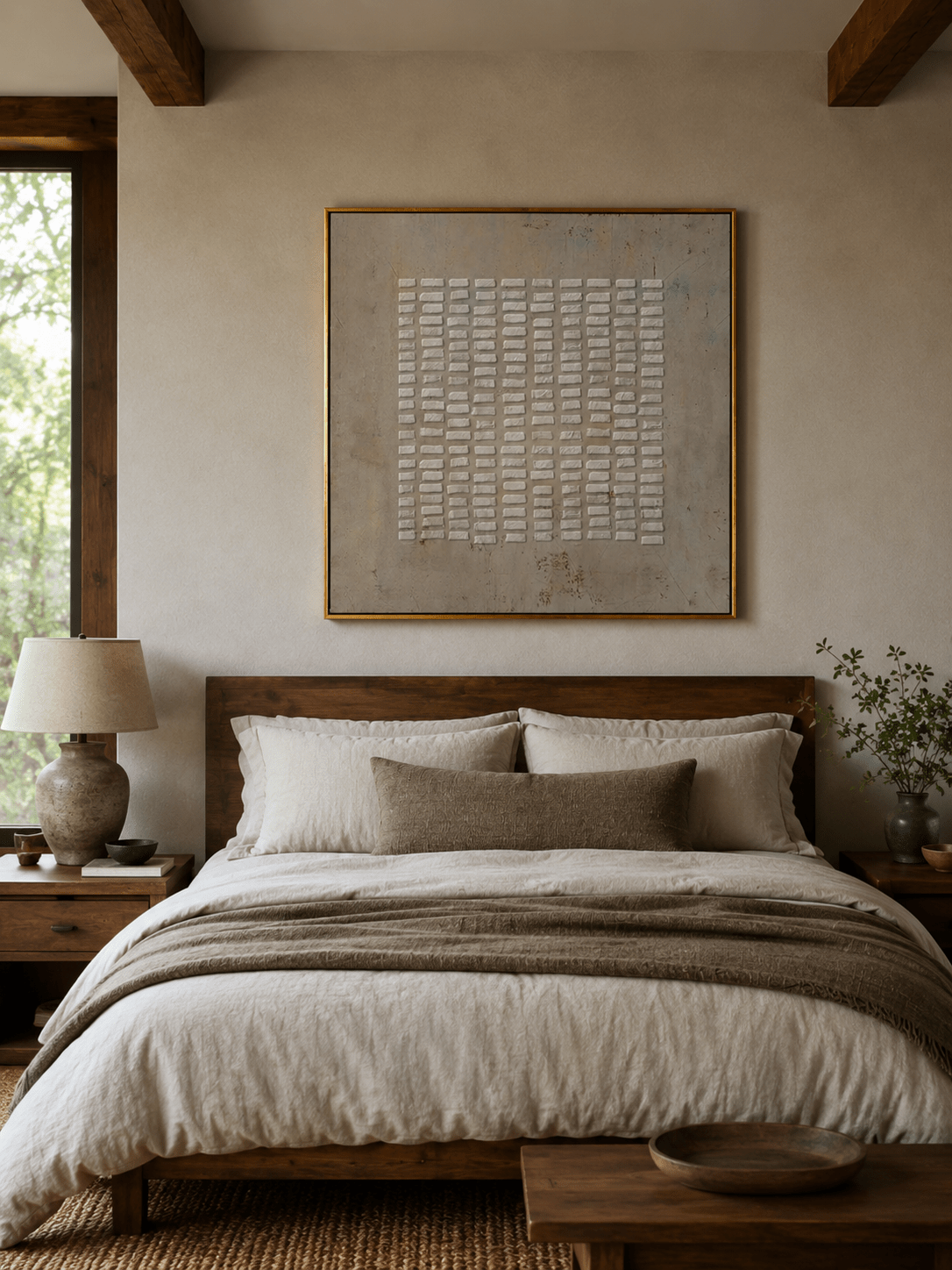 Textured minimalist wall art displayed above a bed in a warm neutral bedroom