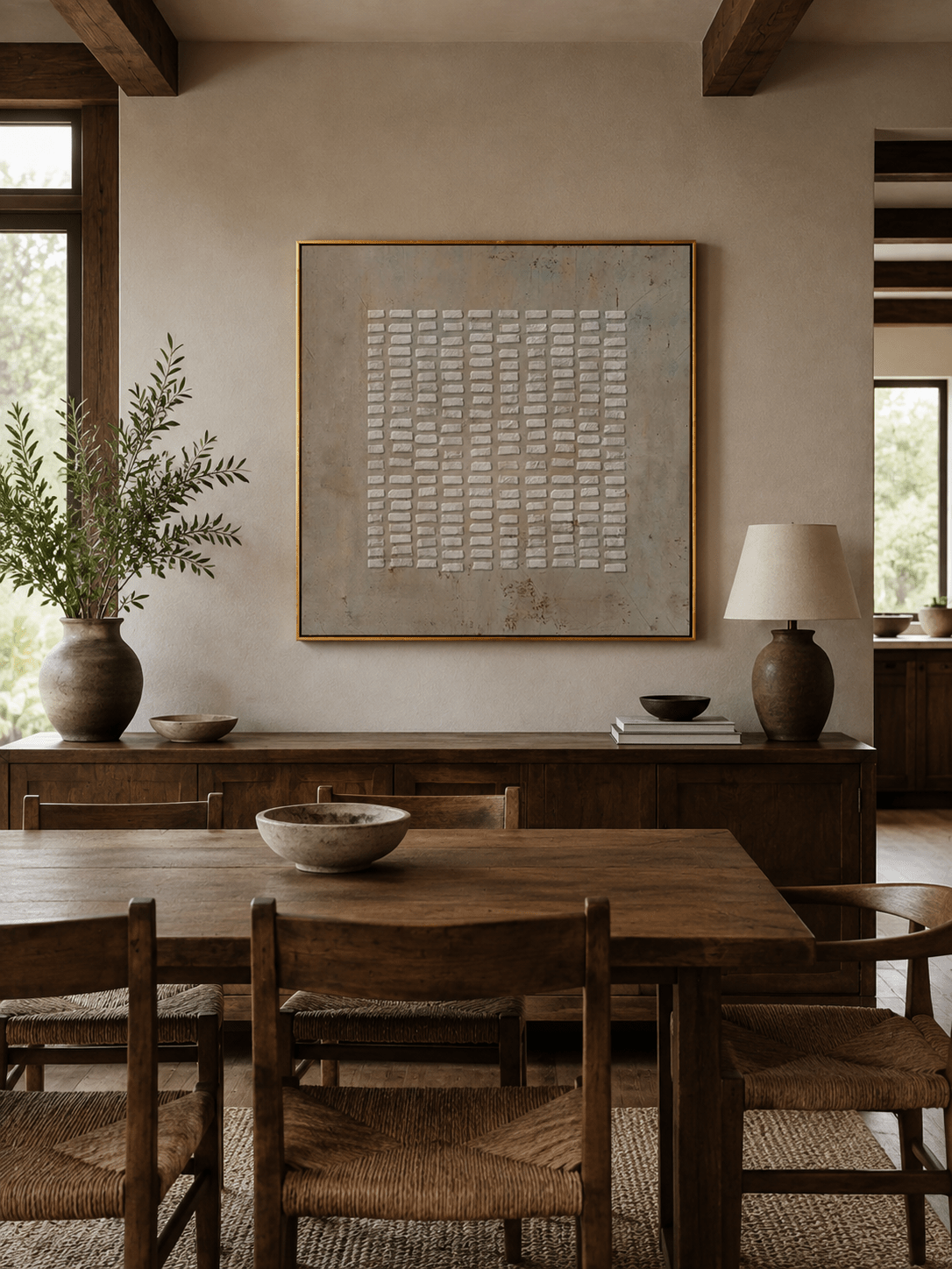 Wabi-sabi textured geometric artwork displayed in an organic modern open-plan dining room