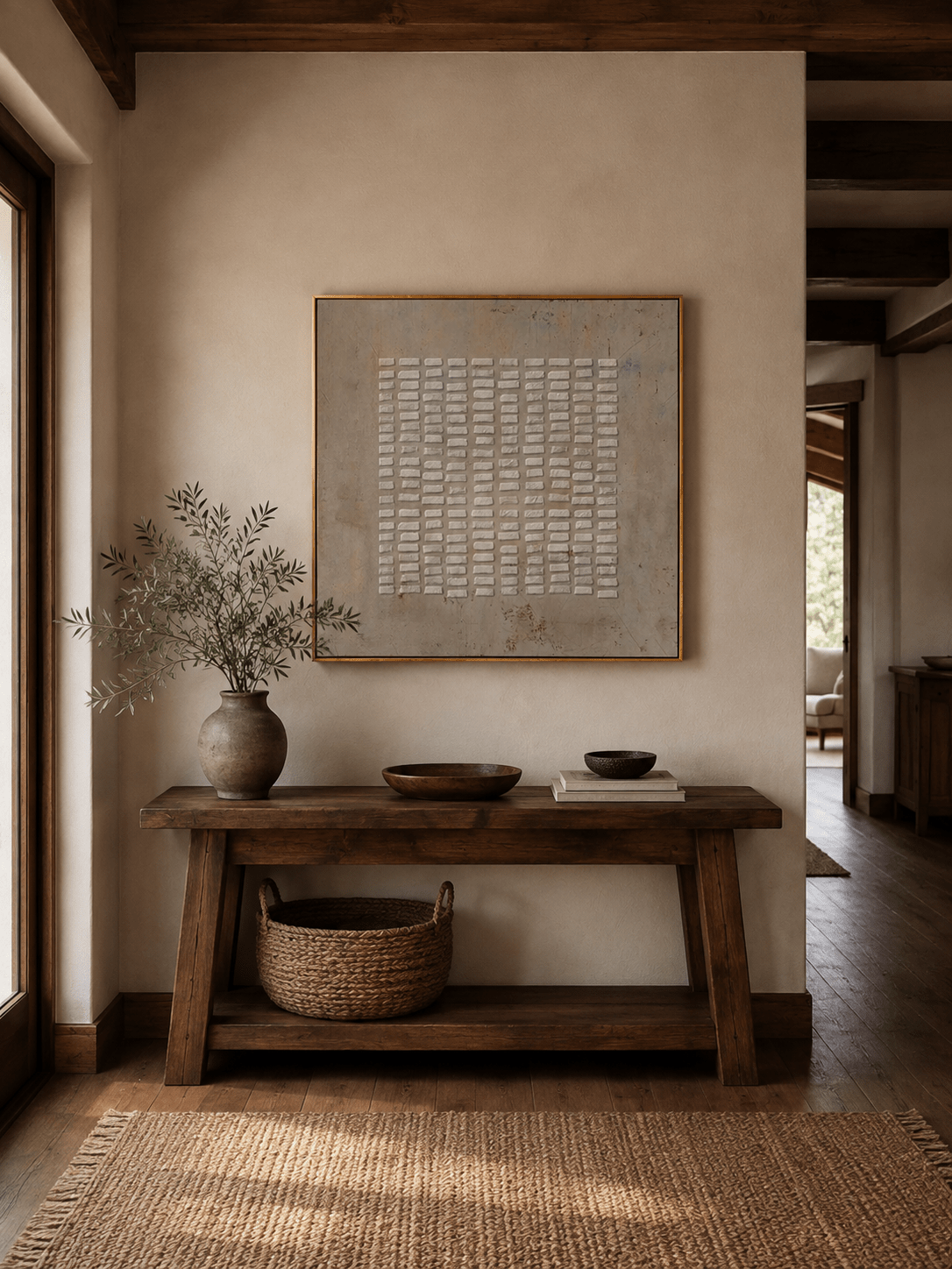 Neutral textured grid wall art above an entryway console in a minimalist Japandi foyer