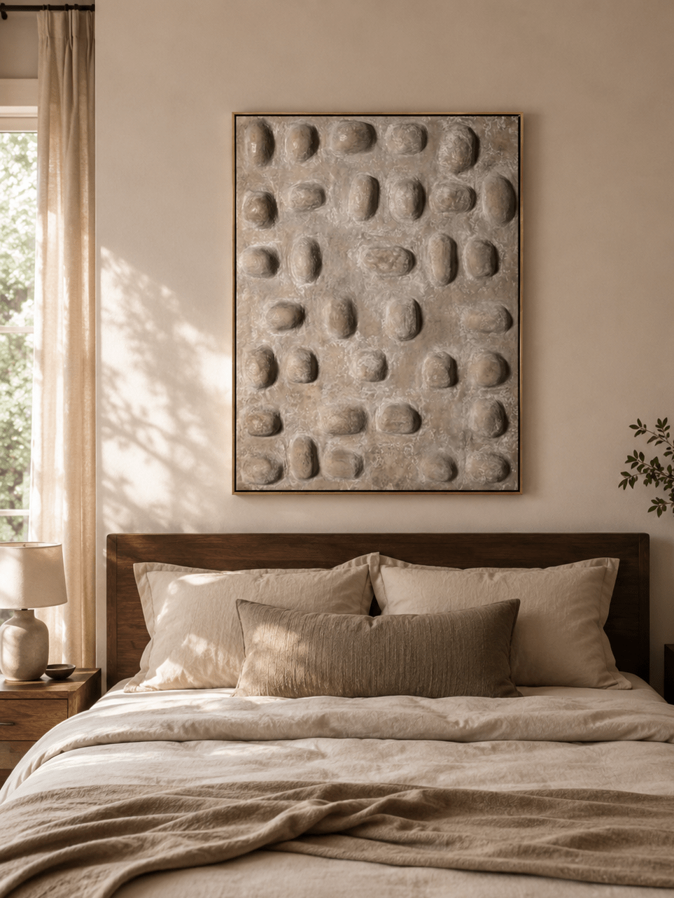 Wabi-sabi textured pebble artwork displayed above a bed in a warm neutral bedroom