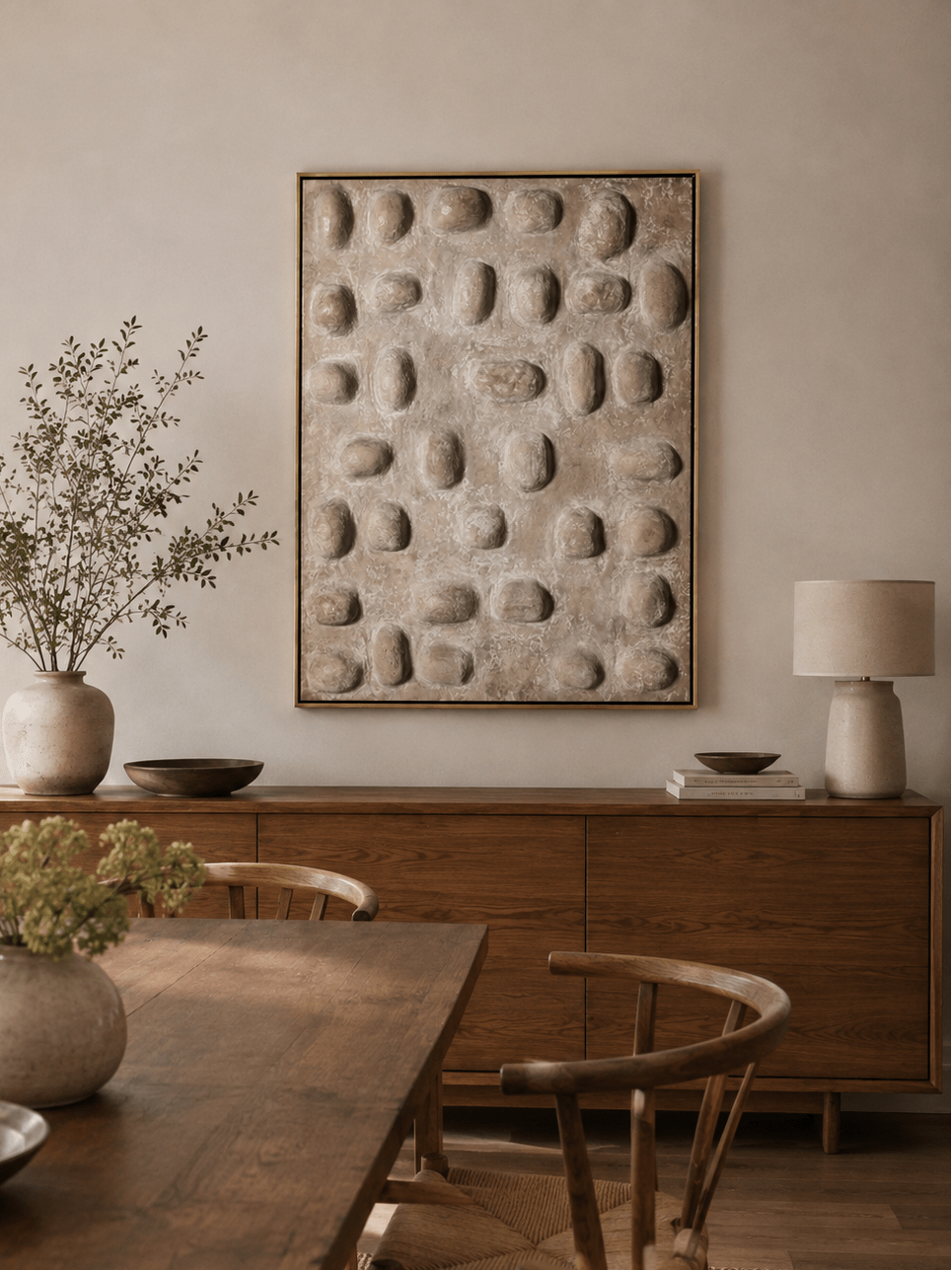 Sculptural neutral wall art displayed in an organic modern open-plan dining room