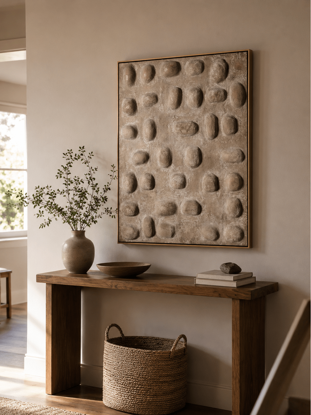 3D textured neutral wall art above an entryway console in a minimalist Japandi foyer