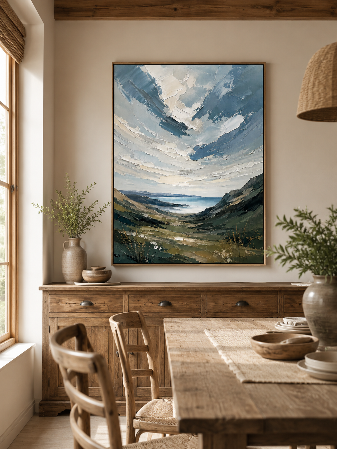 Impasto green hills and sea landscape displayed in a warm open-plan dining room