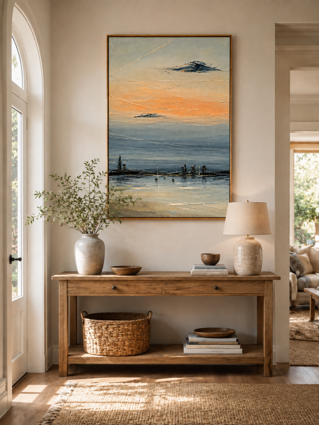 Textured coastal harbor painting displayed above a wood console in a modern neutral entryway