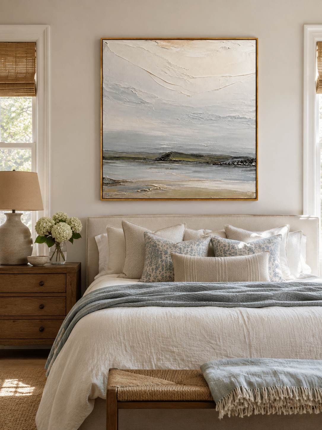 Minimalist sage green coastal wall art displayed above the bed in a calm neutral modern bedroom