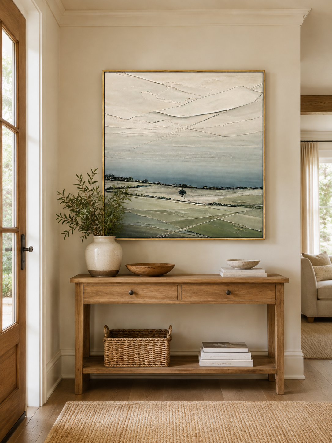 Neutral sage green landscape painting displayed above a wood console in an organic modern entryway