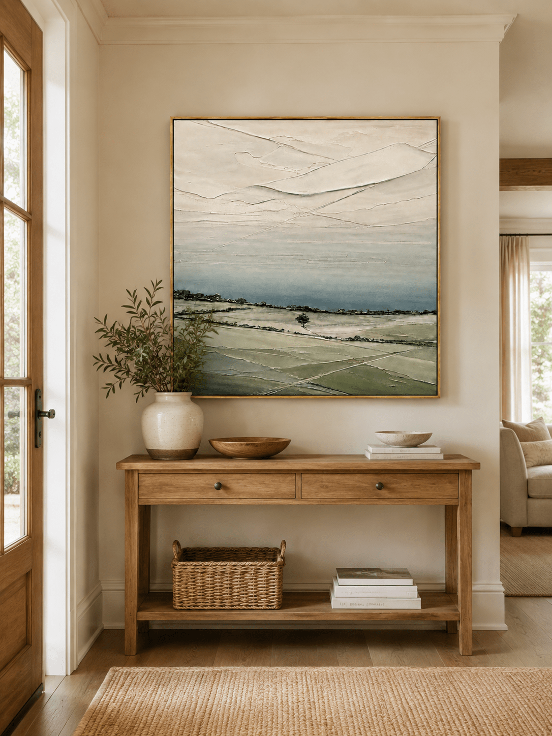 Neutral sage green landscape painting displayed above a wood console in an organic modern entryway