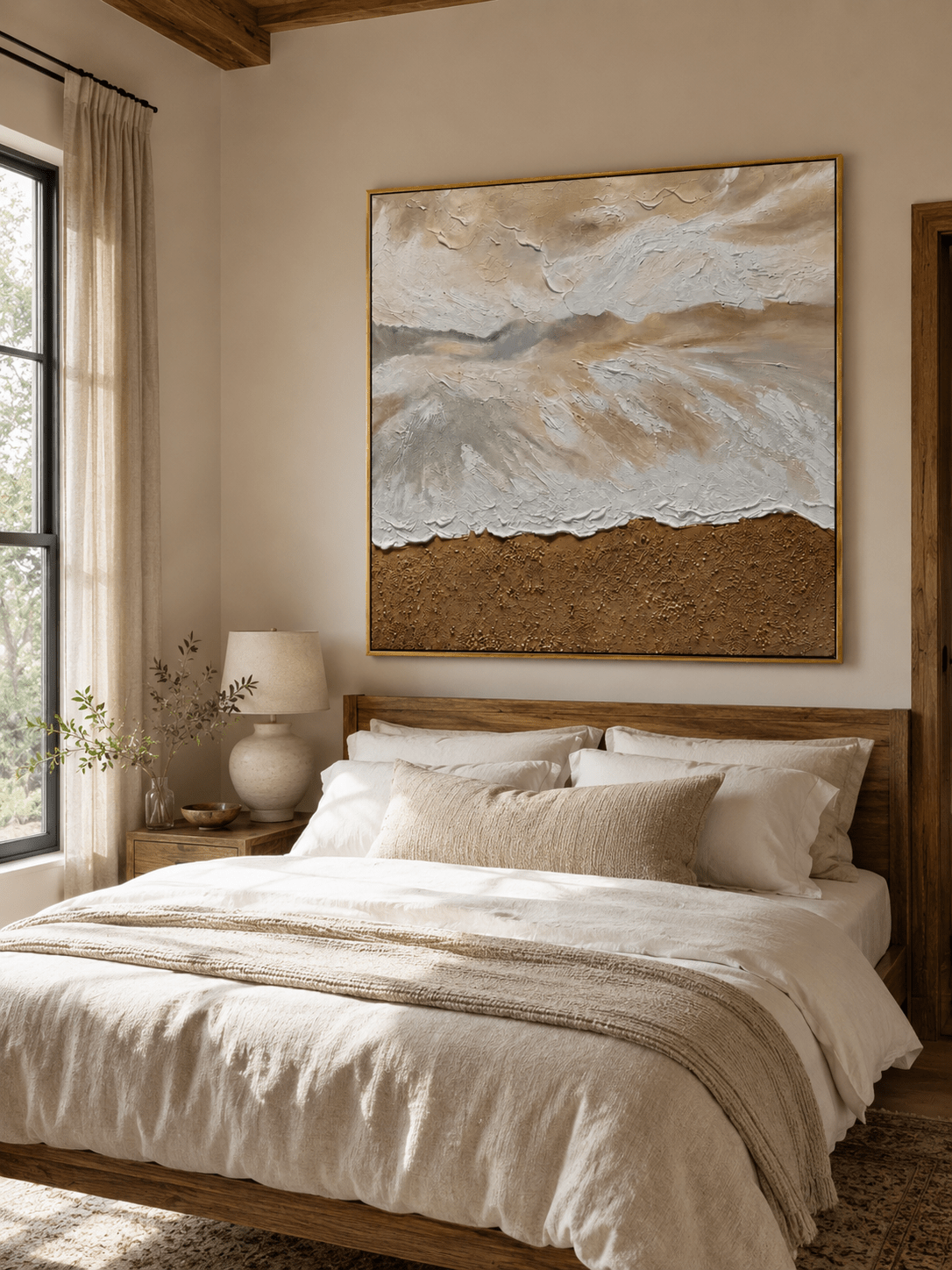 Beige and white textured coastal wall art displayed above the bed in a calm neutral modern bedroom