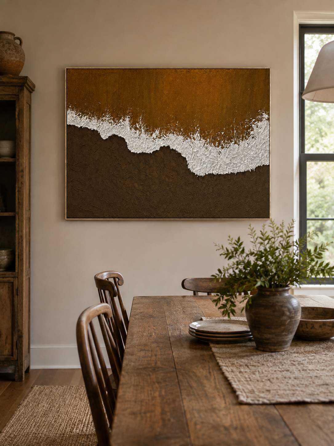 Hand-painted textured ocean wave wall art displayed in a dining room with walnut and neutral decor
