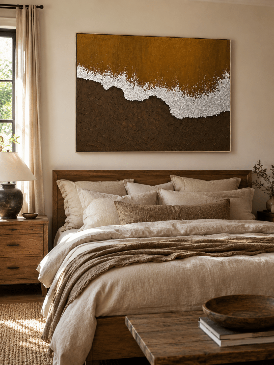 Earth tone coastal wall art displayed above the bed in a warm neutral modern bedroom