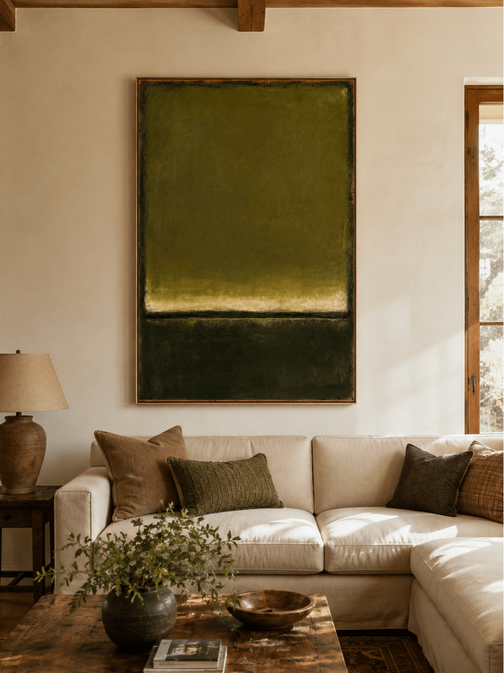 Olive green abstract painting displayed above neutral furniture in a contemporary living room