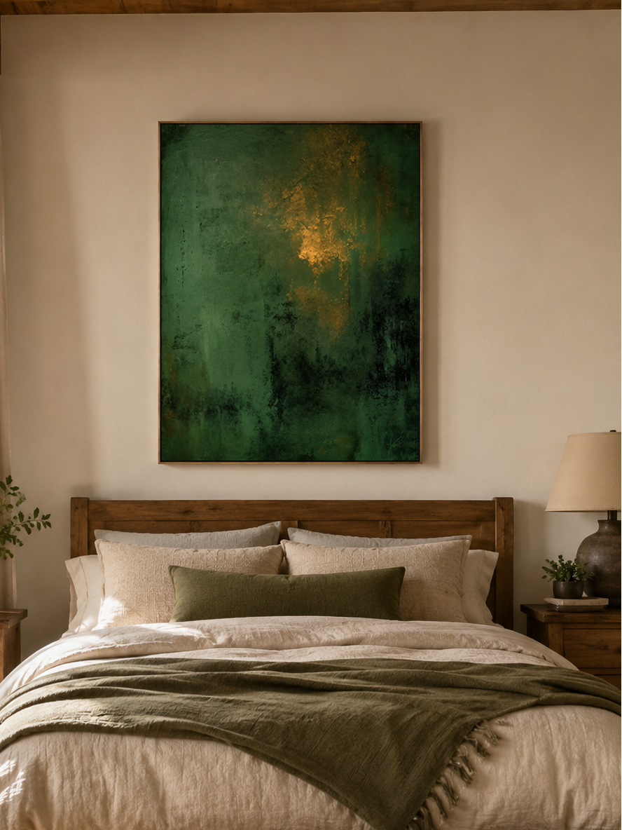 Deep green abstract wall art displayed above the bed in a sophisticated contemporary bedroom