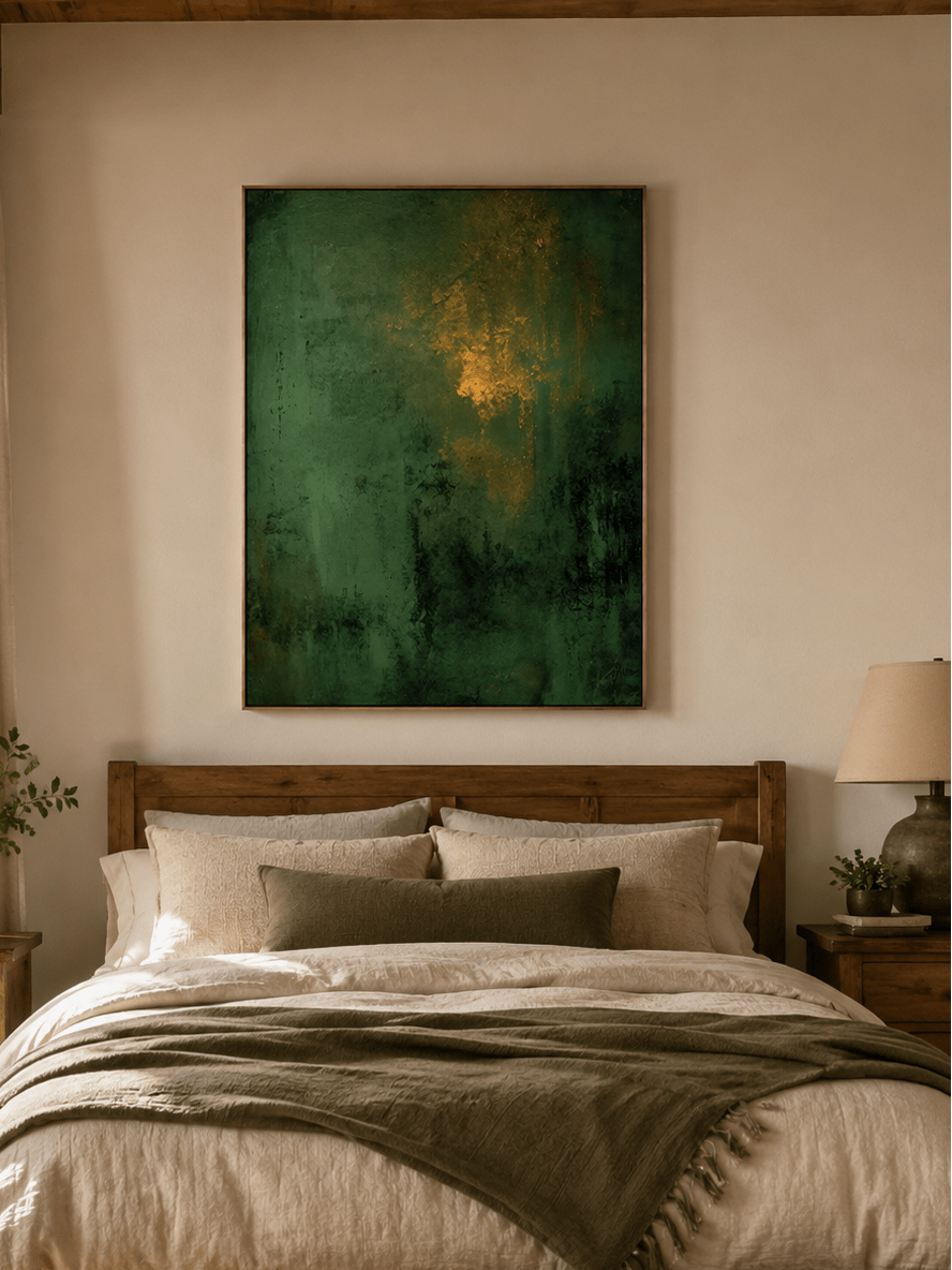 Deep green abstract wall art displayed above the bed in a sophisticated contemporary bedroom