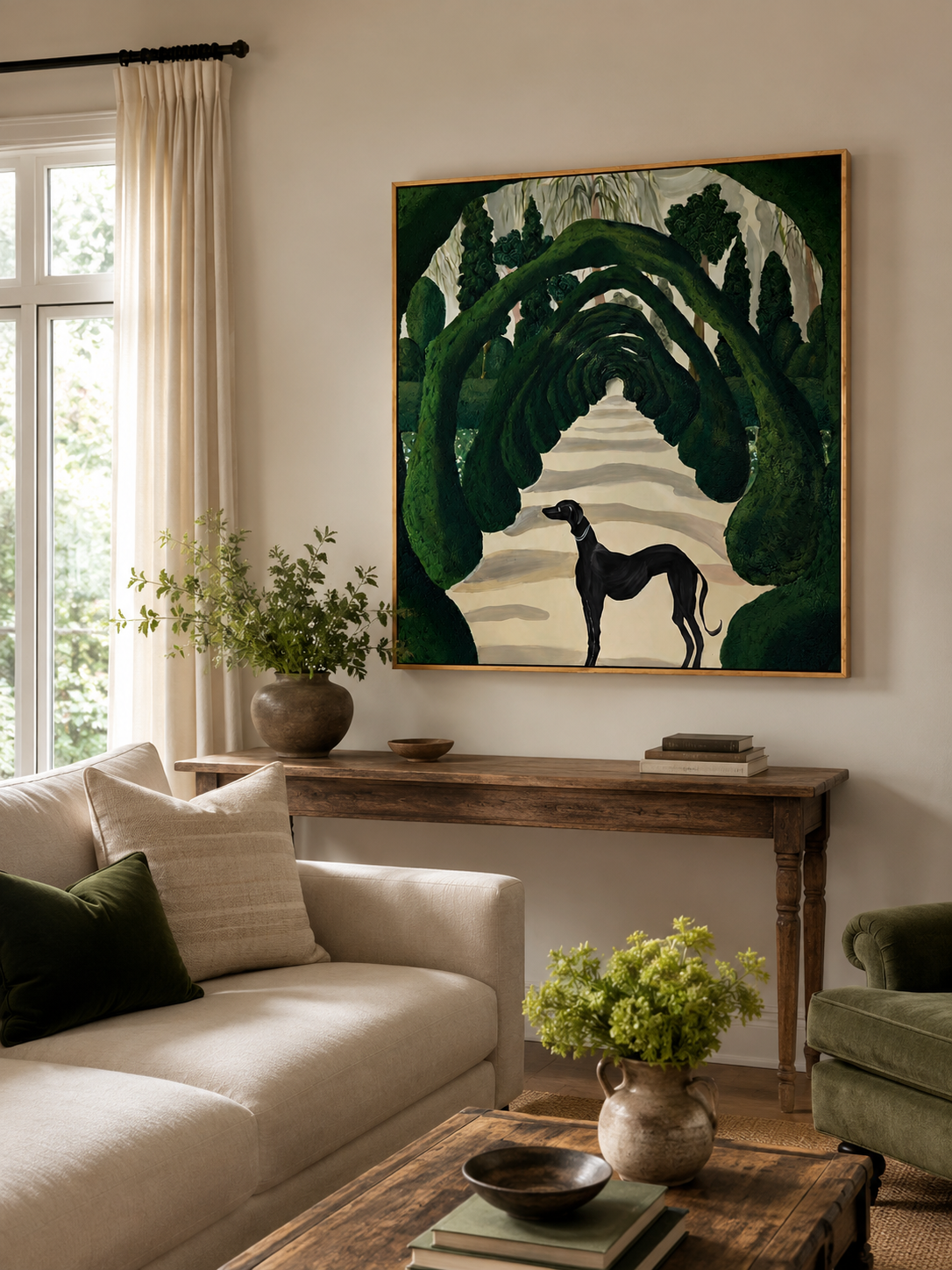 Whimsical greyhound garden painting displayed above neutral furniture in an elegant green living room