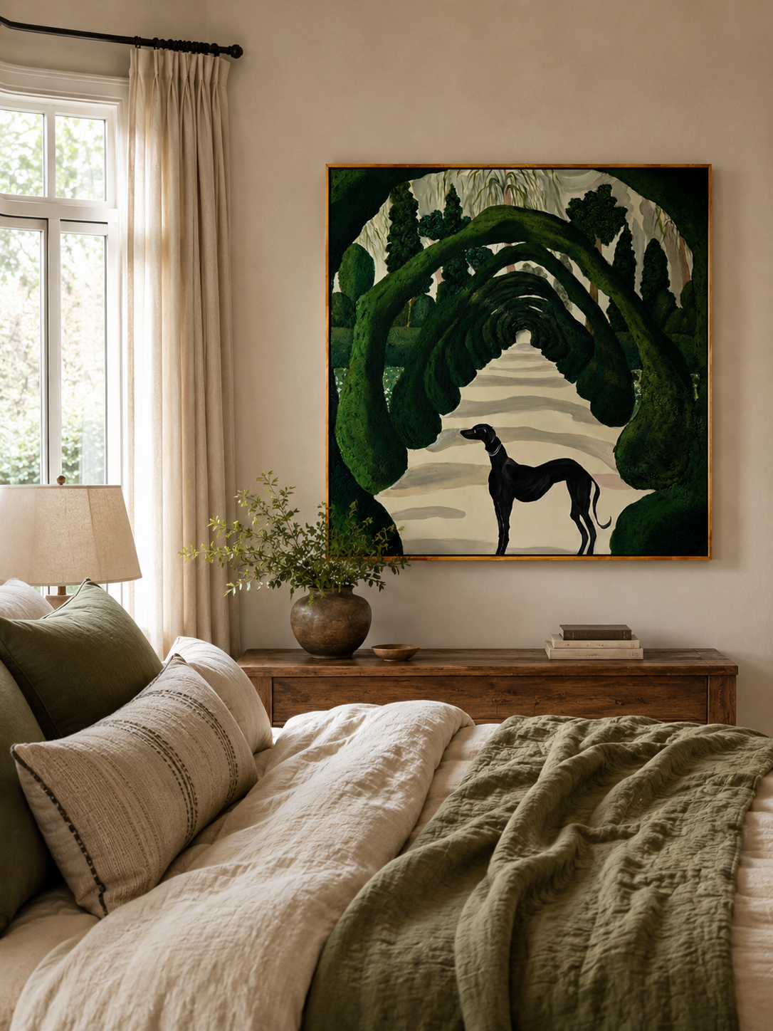Green botanical dog wall art displayed above the bed in a warm eclectic bedroom