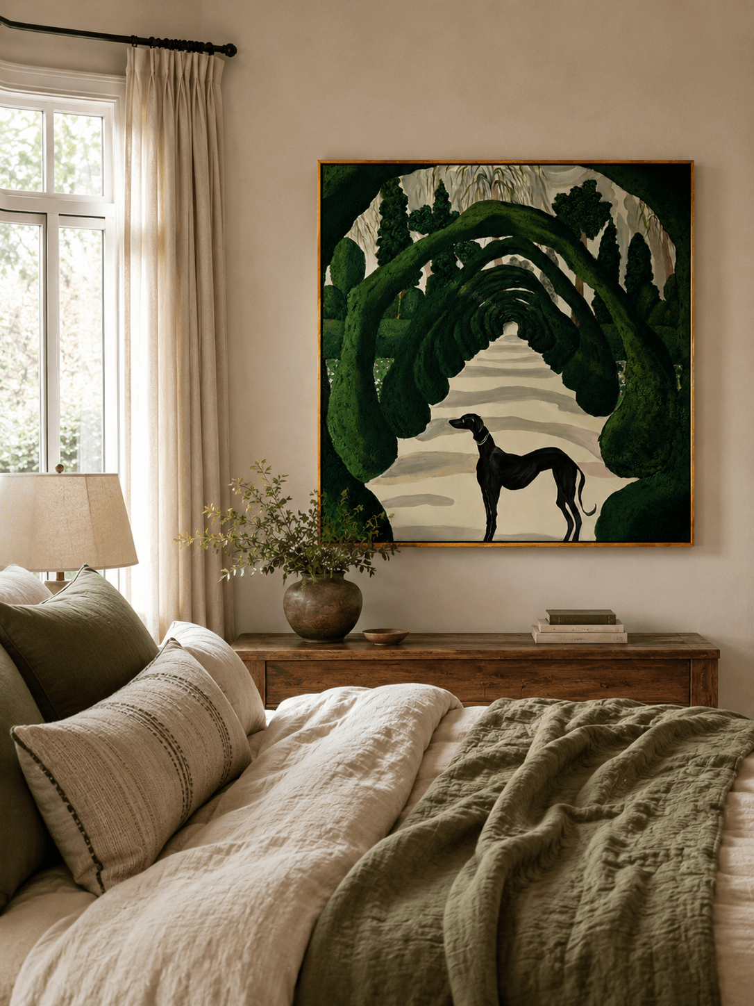 Green botanical dog wall art displayed above the bed in a warm eclectic bedroom