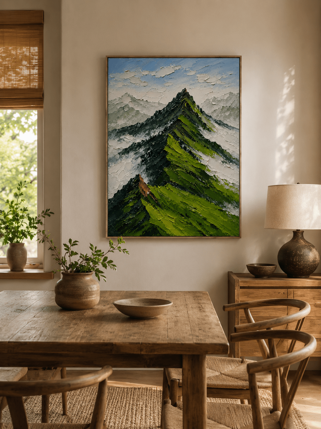 Hand-painted mountain landscape wall art displayed in a dining room with natural wood furniture