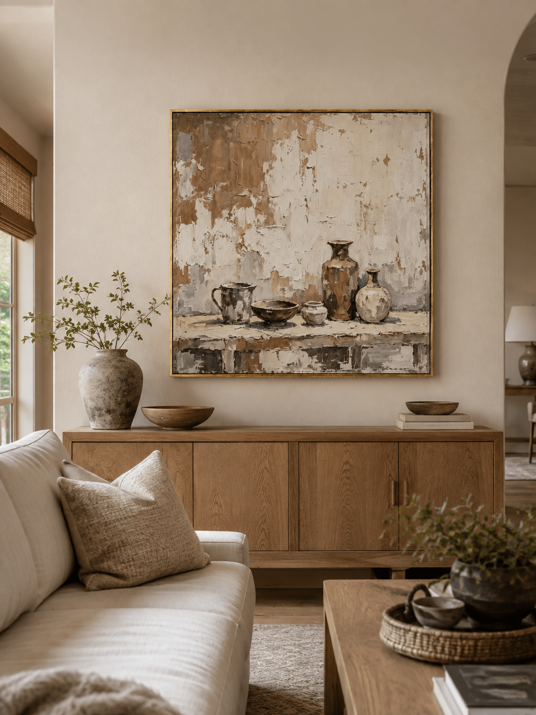 Neutral pottery still life painting displayed above a beige sofa in an organic modern living room