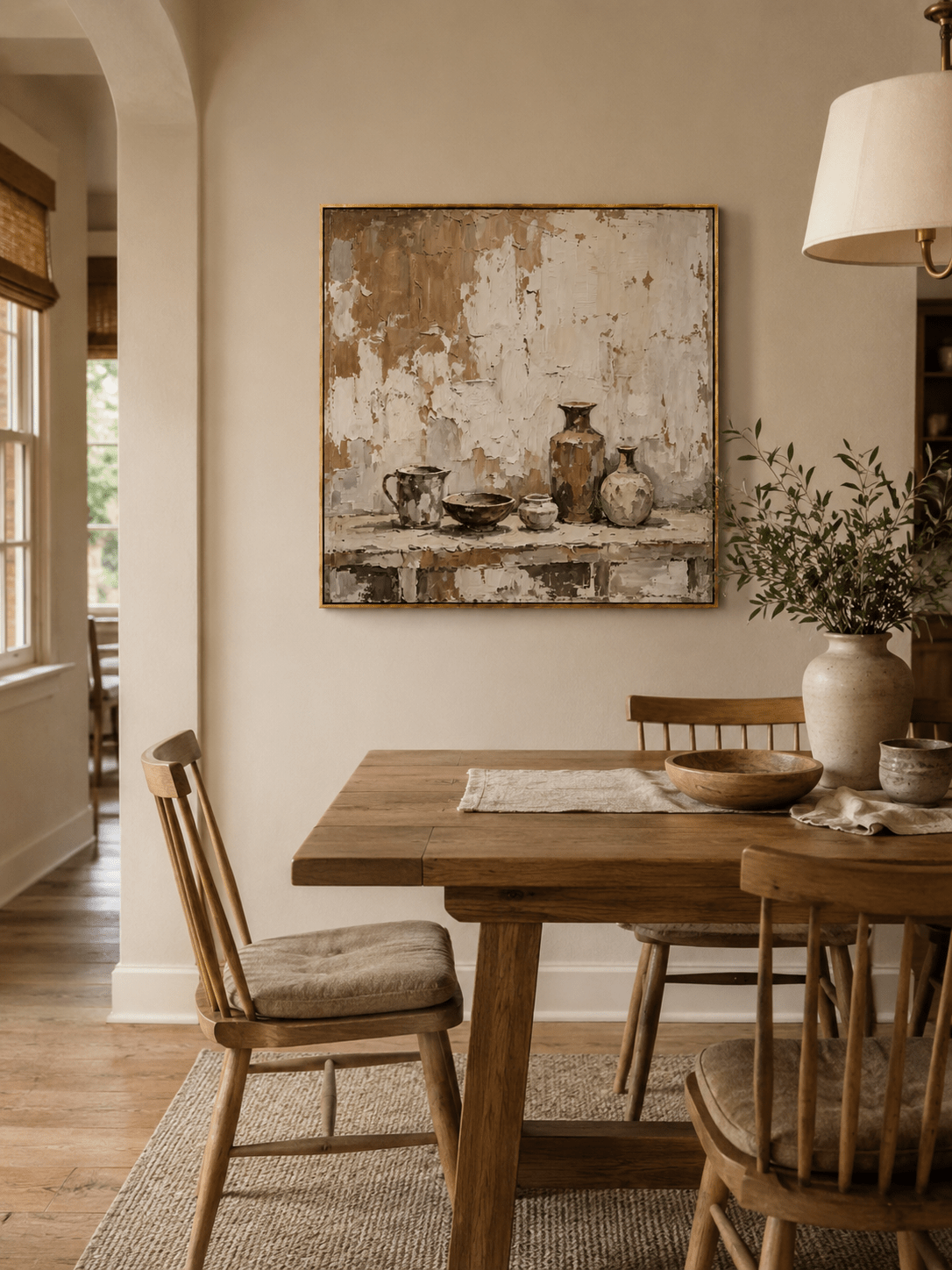 Hand-painted pottery still life wall art displayed in a dining room with natural wood furniture