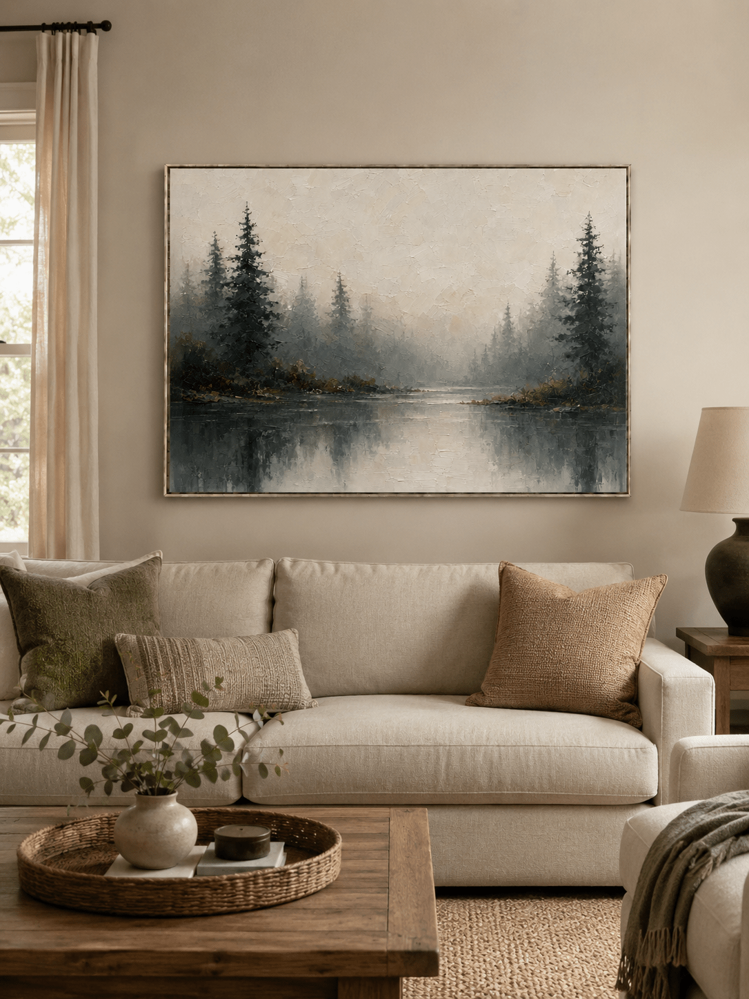 Misty forest landscape painting displayed above a neutral sofa in an organic modern living room