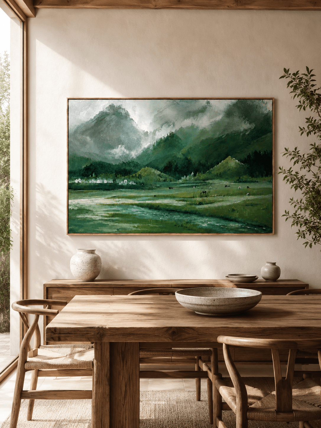 Hand-painted green mountain valley landscape displayed in a dining room with natural wood furniture