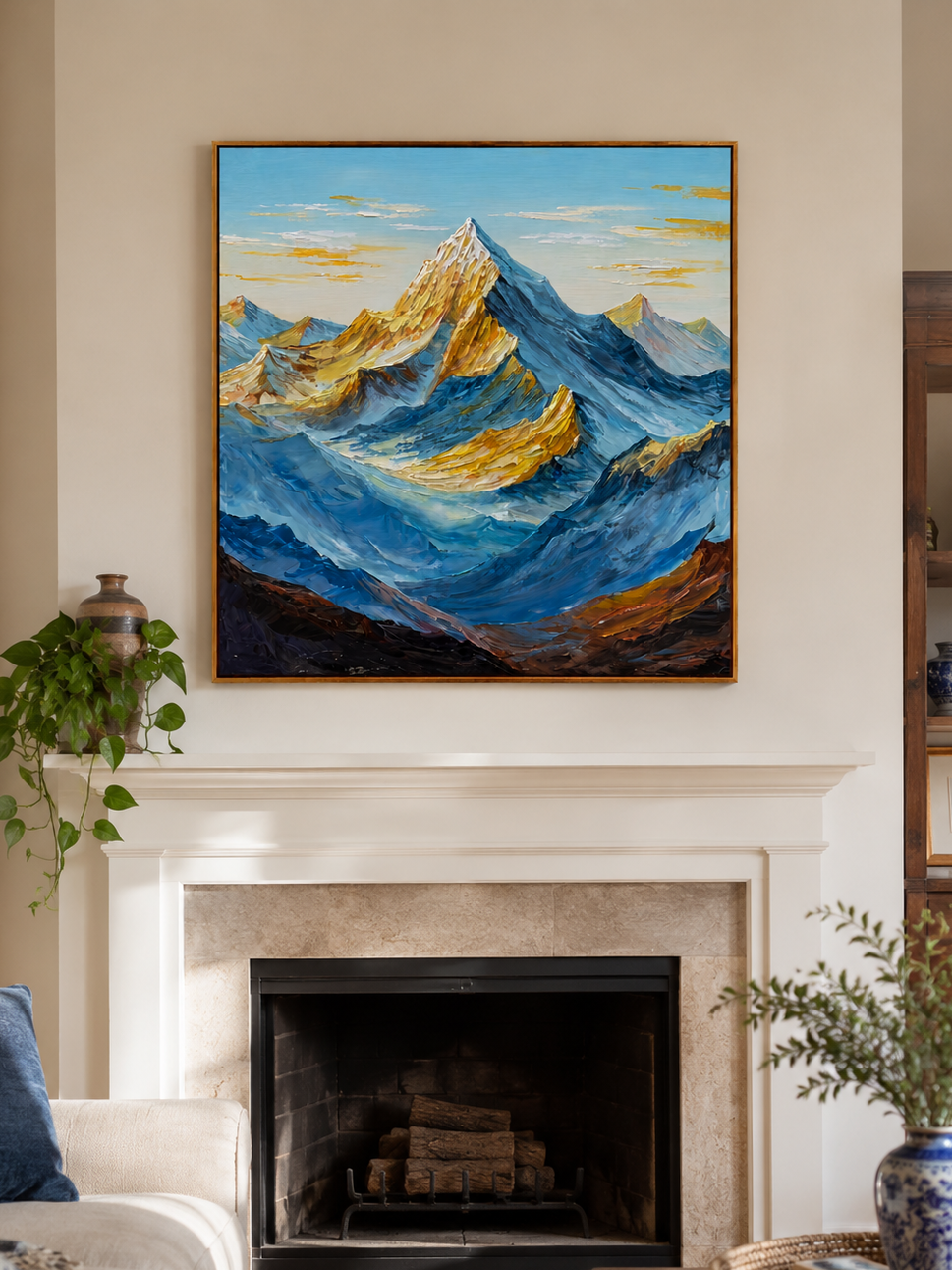 A piece of wall art featuring a mountain landscape, painted in a heavy impasto style, hangs above the fireplace.