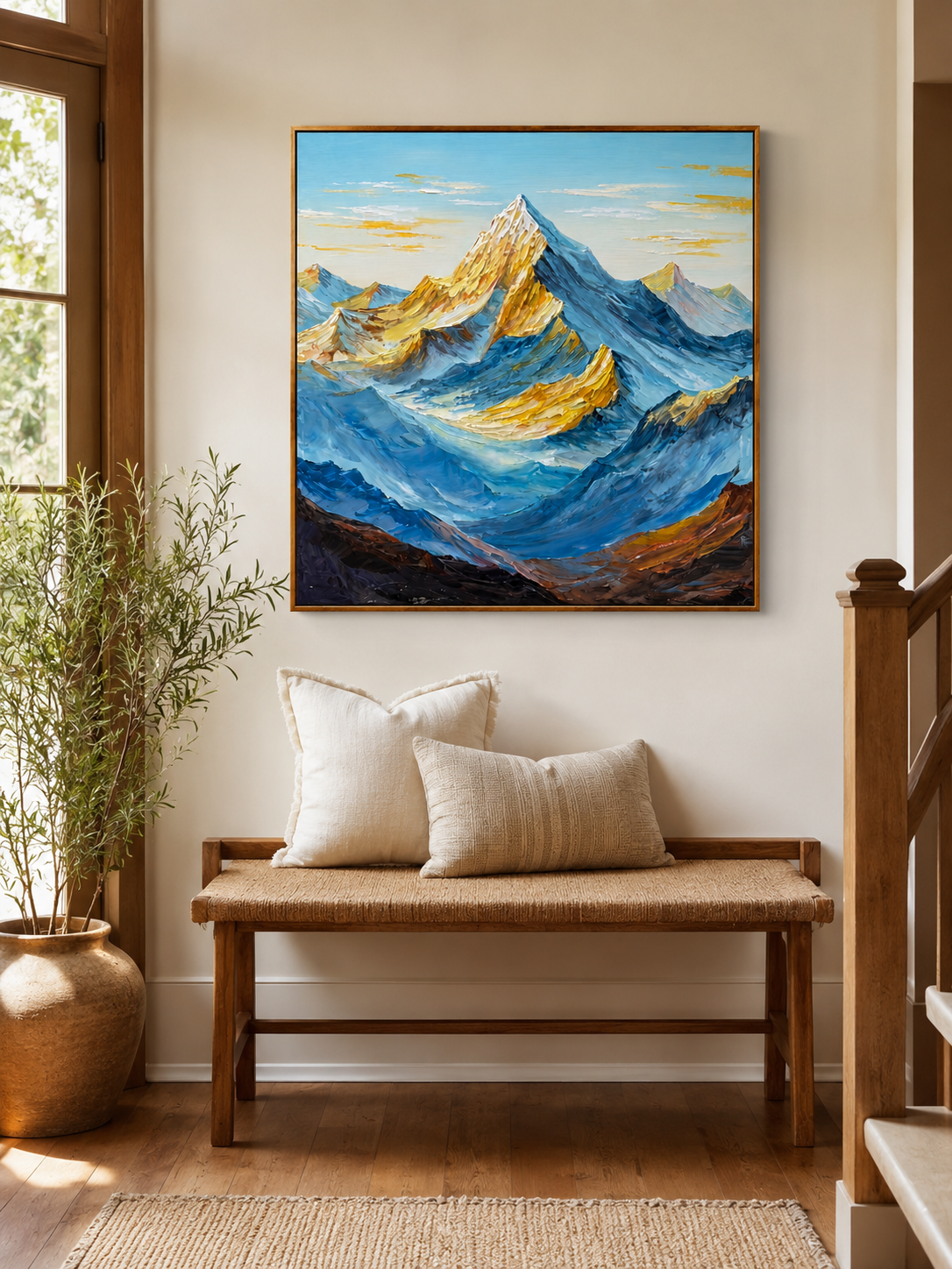 Palette-knife mountain wall art above an entryway console in a refined modern foyer