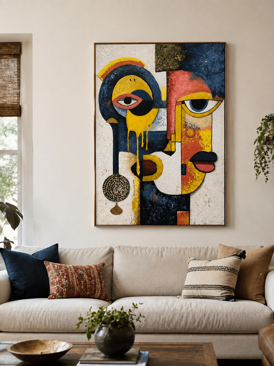 Textured cubist faces painting above a neutral sofa in a contemporary living room