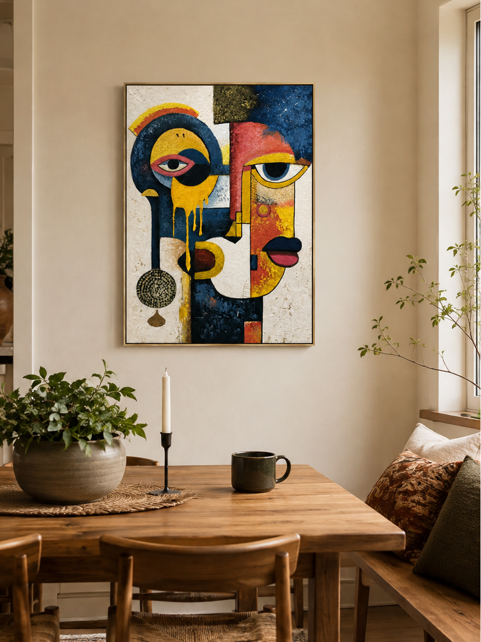 Cubist face canvas styled in a contemporary open-plan dining room with warm wood furniture