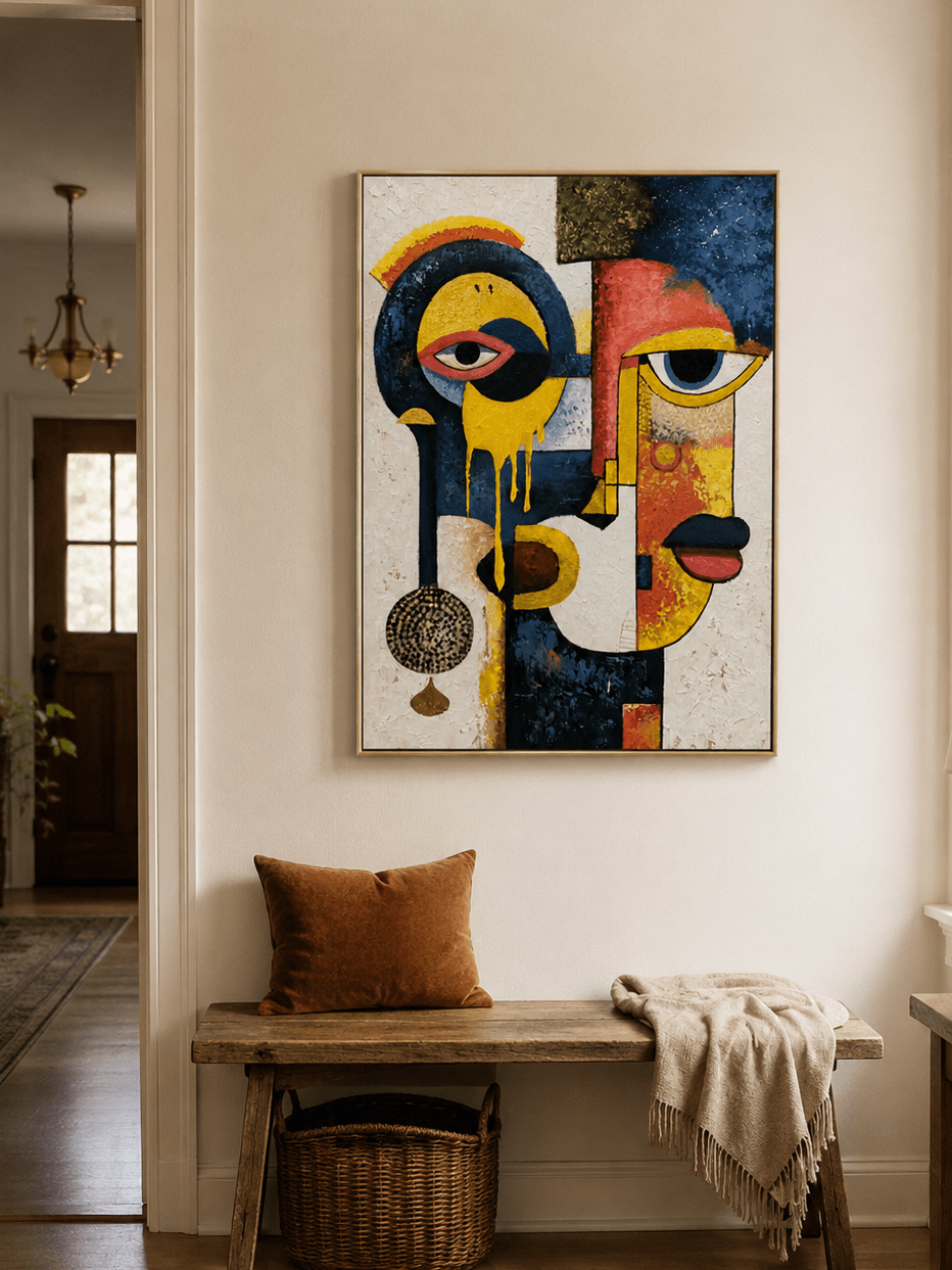Bold geometric portrait wall art above an entryway console in a modern artistic foyer