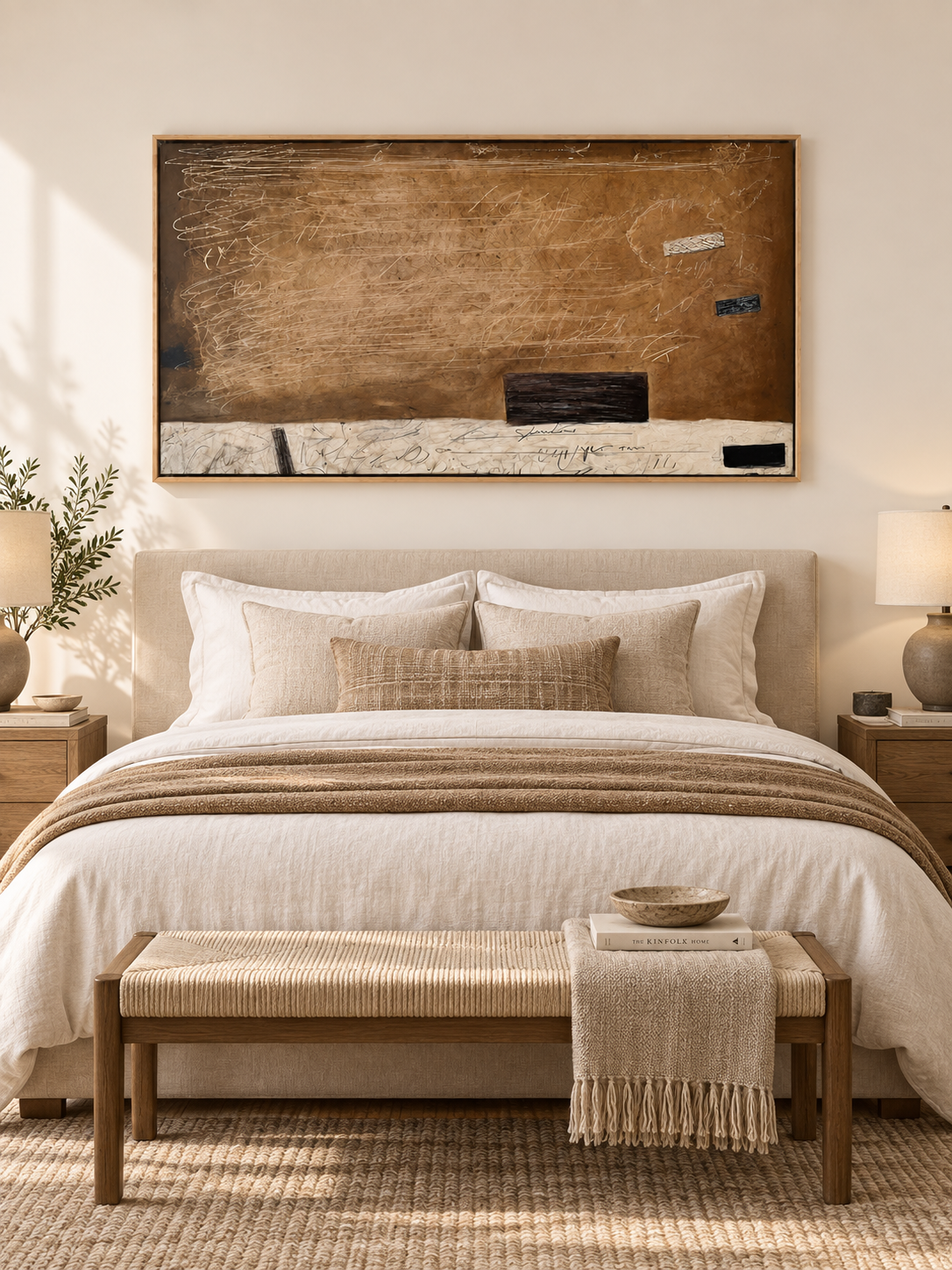 Wide caramel brown wabi-sabi abstract painting displayed above the bed in a warm neutral bedroom