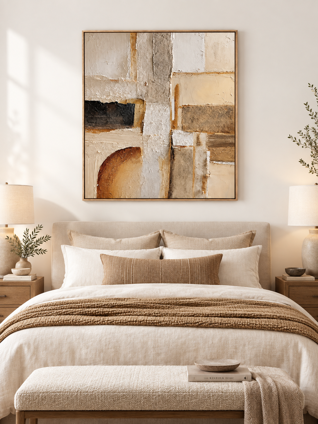 Beige and brown Wabi Sabi abstract painting displayed above a bed in a warm minimalist bedroom