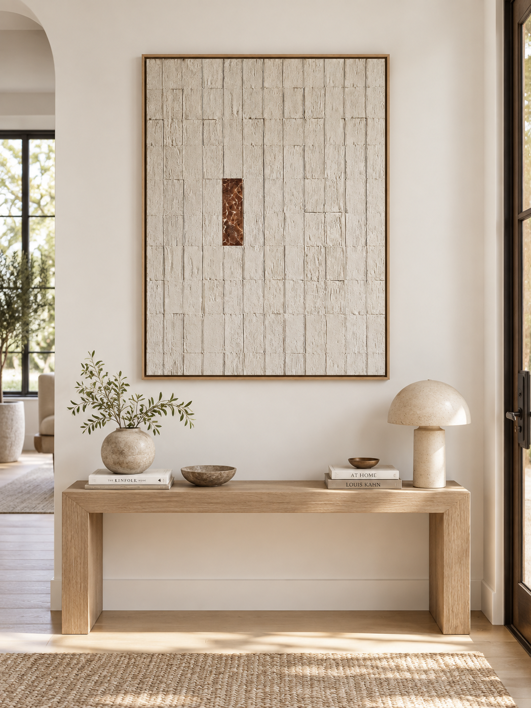 Vertical neutral geometric abstract wall art displayed above a console in a minimalist entryway