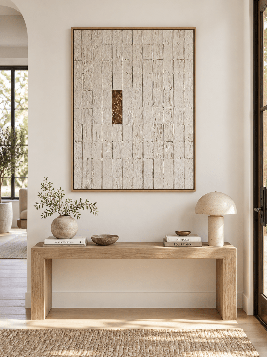 Vertical neutral geometric abstract wall art displayed above a console in a minimalist entryway