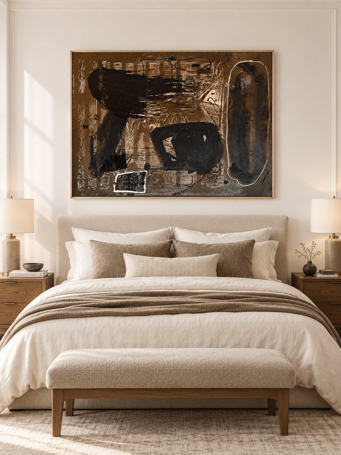 Moody earth-tone abstract painting displayed above a bed in a modern bedroom