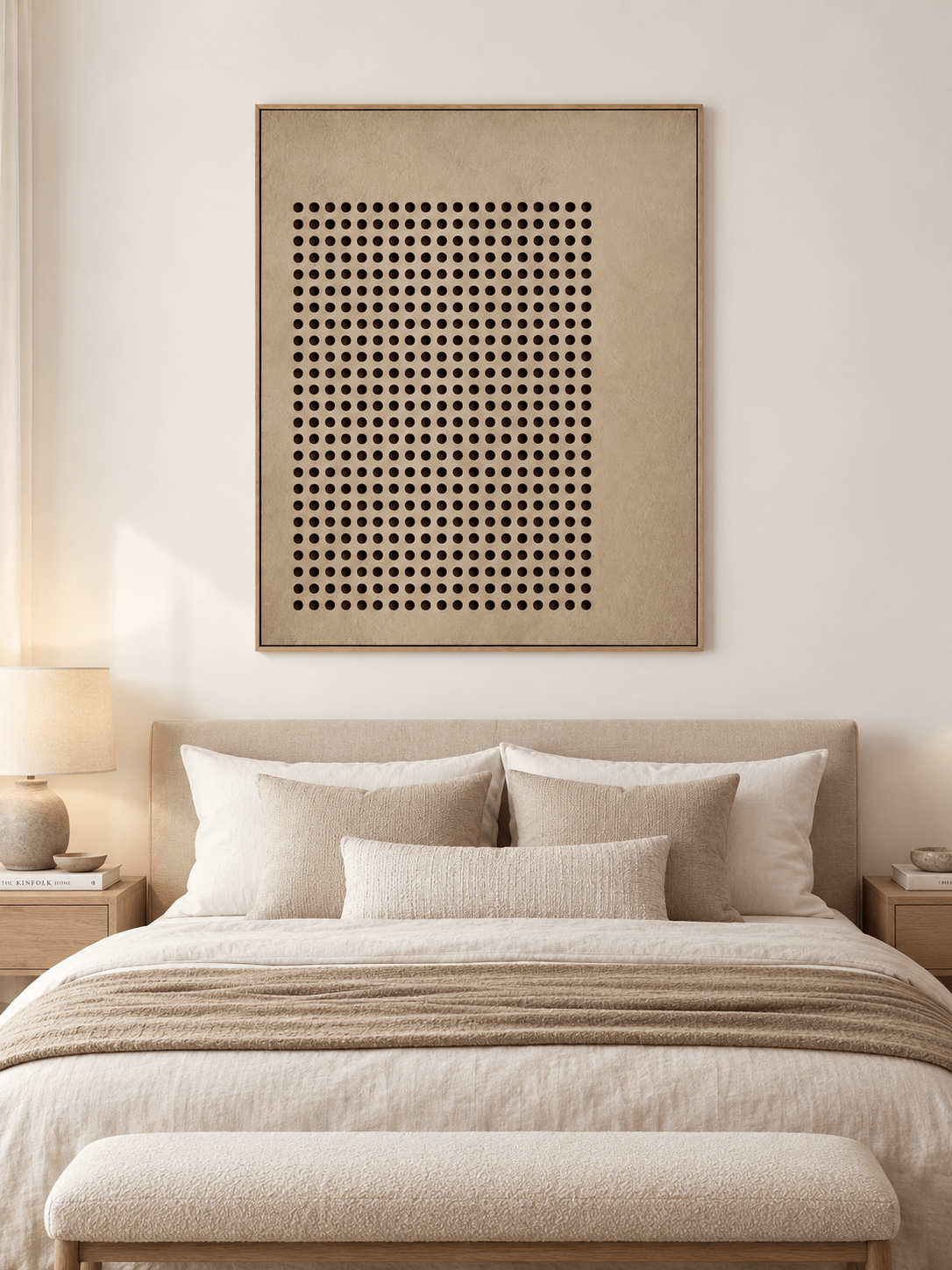 Neutral geometric abstract wall art with repeating dark brown circles above a bed in a Japandi bedroom