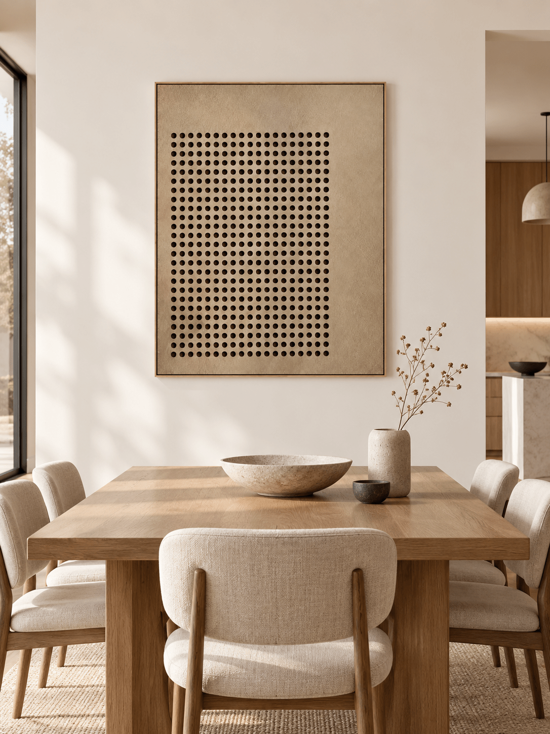 Hand-painted minimalist dot grid wall art displayed in a modern organic open-plan dining room