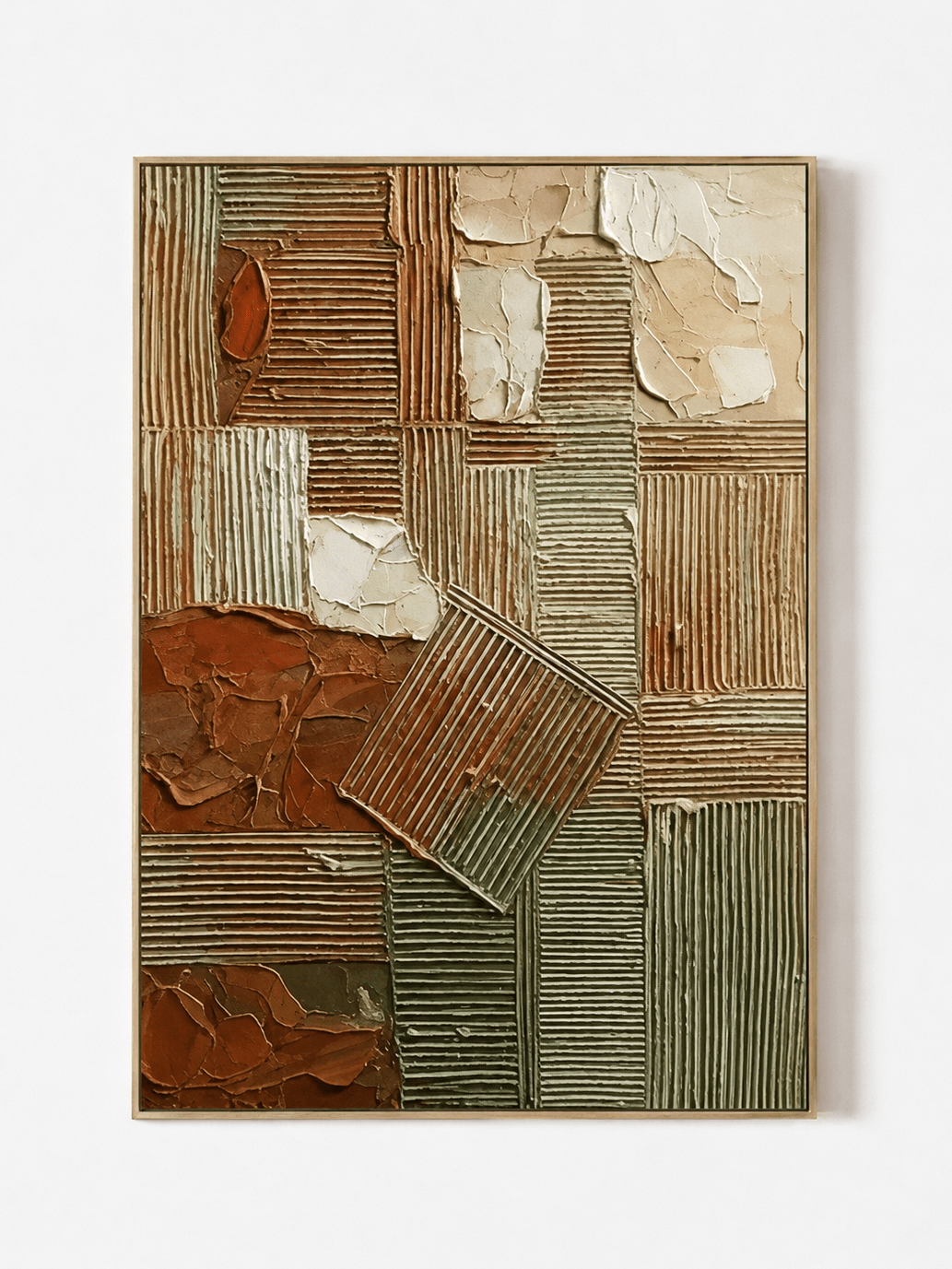 Hand-painted textured geometric wall art in terracotta, olive green, cream and earth tones by Lucien Hoffmann