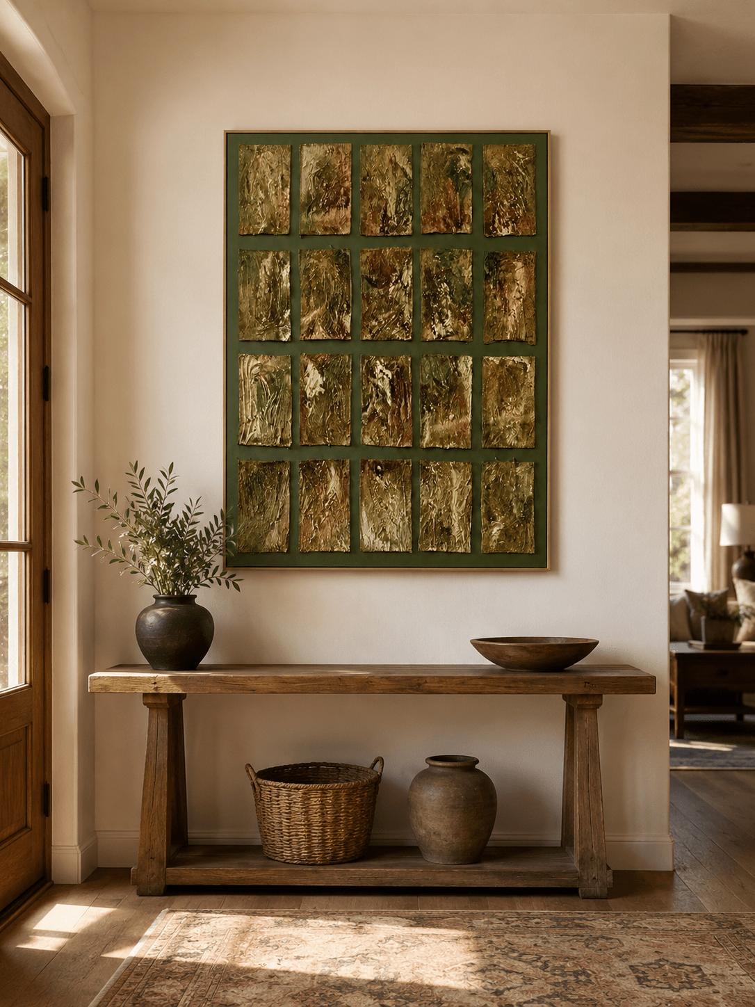Vertical olive green geometric wall art displayed above an entryway console in a contemporary interior