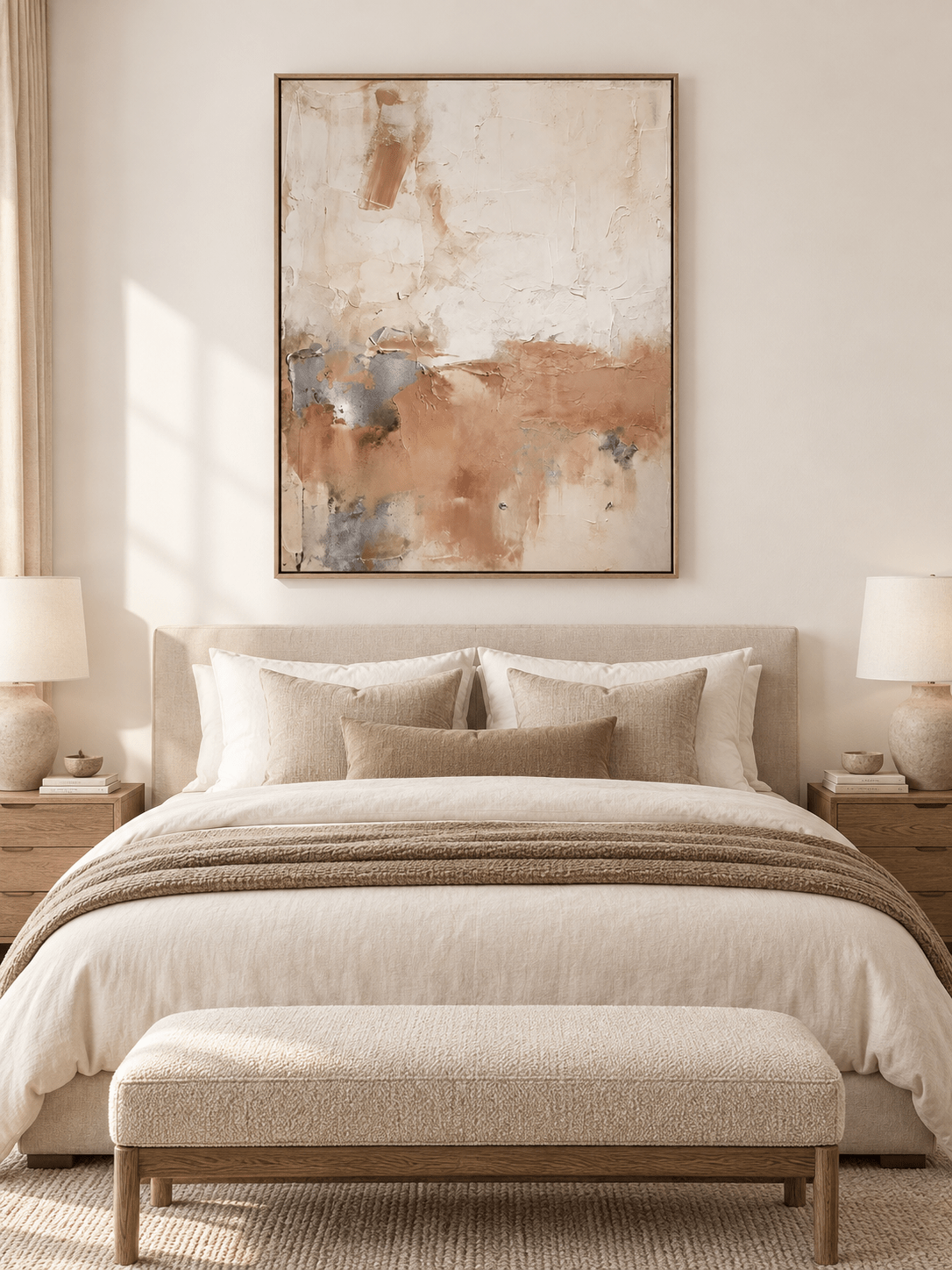 Soft terracotta and beige abstract painting displayed above a bed in a neutral minimalist bedroom