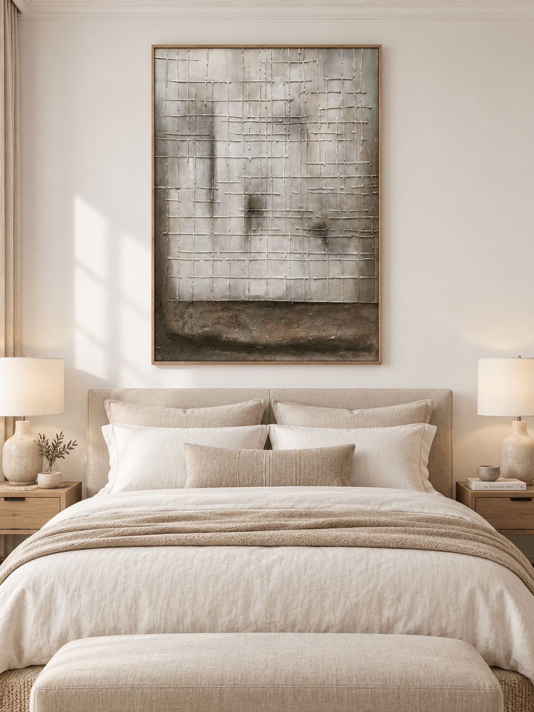 Greige geometric abstract painting with raised linear texture displayed above a bed in a minimalist bedroom