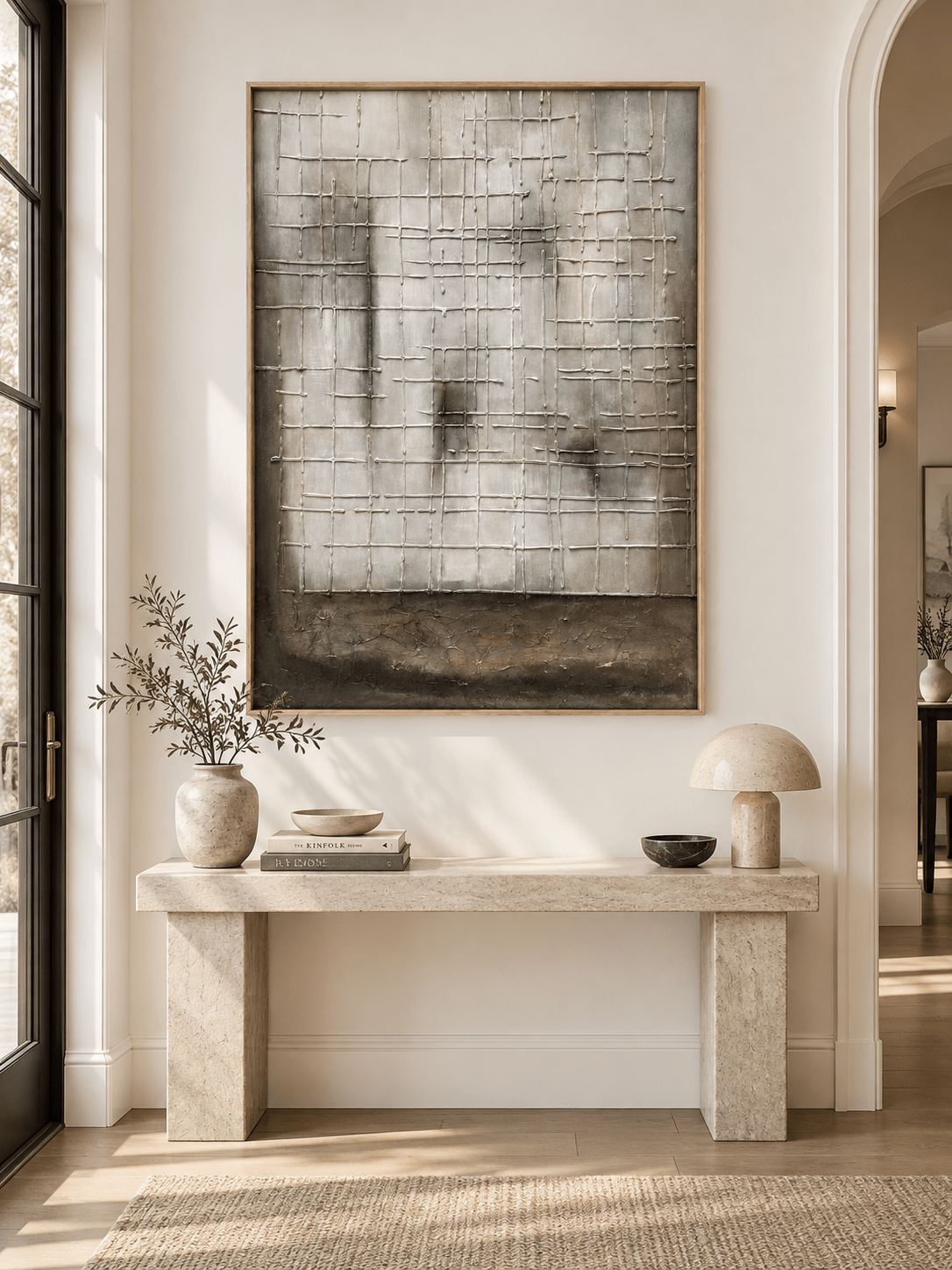 Vertical gray textured abstract painting displayed above a console in a contemporary neutral entryway