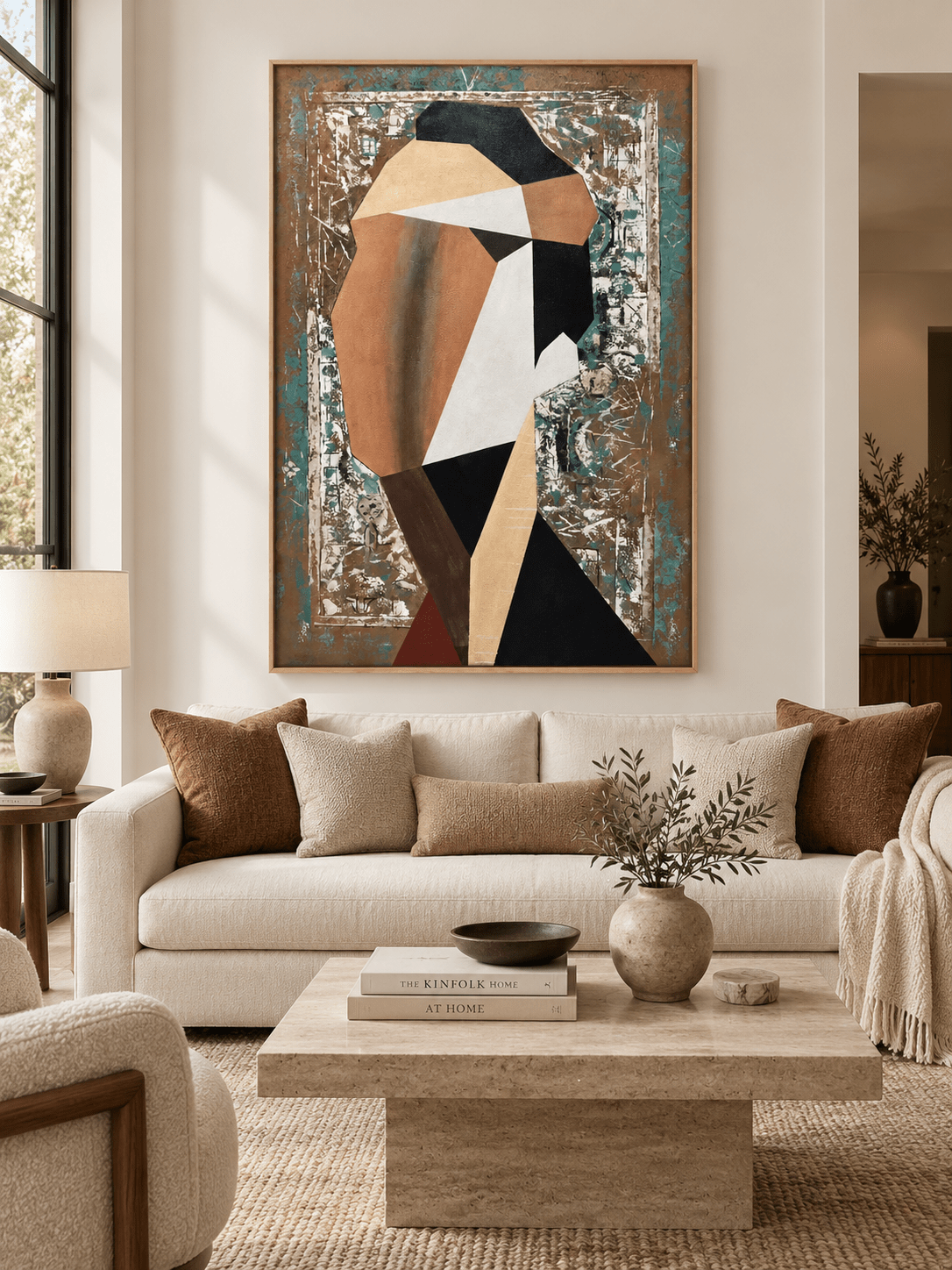 Large geometric abstract woman portrait displayed above a sofa in a contemporary living room
